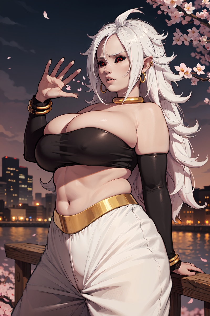 1girls ai_generated android_21 arm_sleeves armwear baggy_pants bangle bare_shoulders big_breasts black_clothing black_sclera bottomwear braless breasts c21 chubby city cleavage cloudy_sky collar curvy cute dragon_ball dragon_ball_super dragon_ball_z ear_piercing earrings eyebrows eyelashes falling_petals fat_breasts fat_woman female fence flower gold_collar gold_jewelry hand_up harem_pants hips hoop_earrings huge_breasts jewelry lips majin_android_21 midriff navel no_bra outside pants parted_lips pink_skin plump_breasts pointy_ears purapura railing red_eyes sky skyline slightly_chubby slightly_chubby_female solo standing topwear water white_hair white_pants