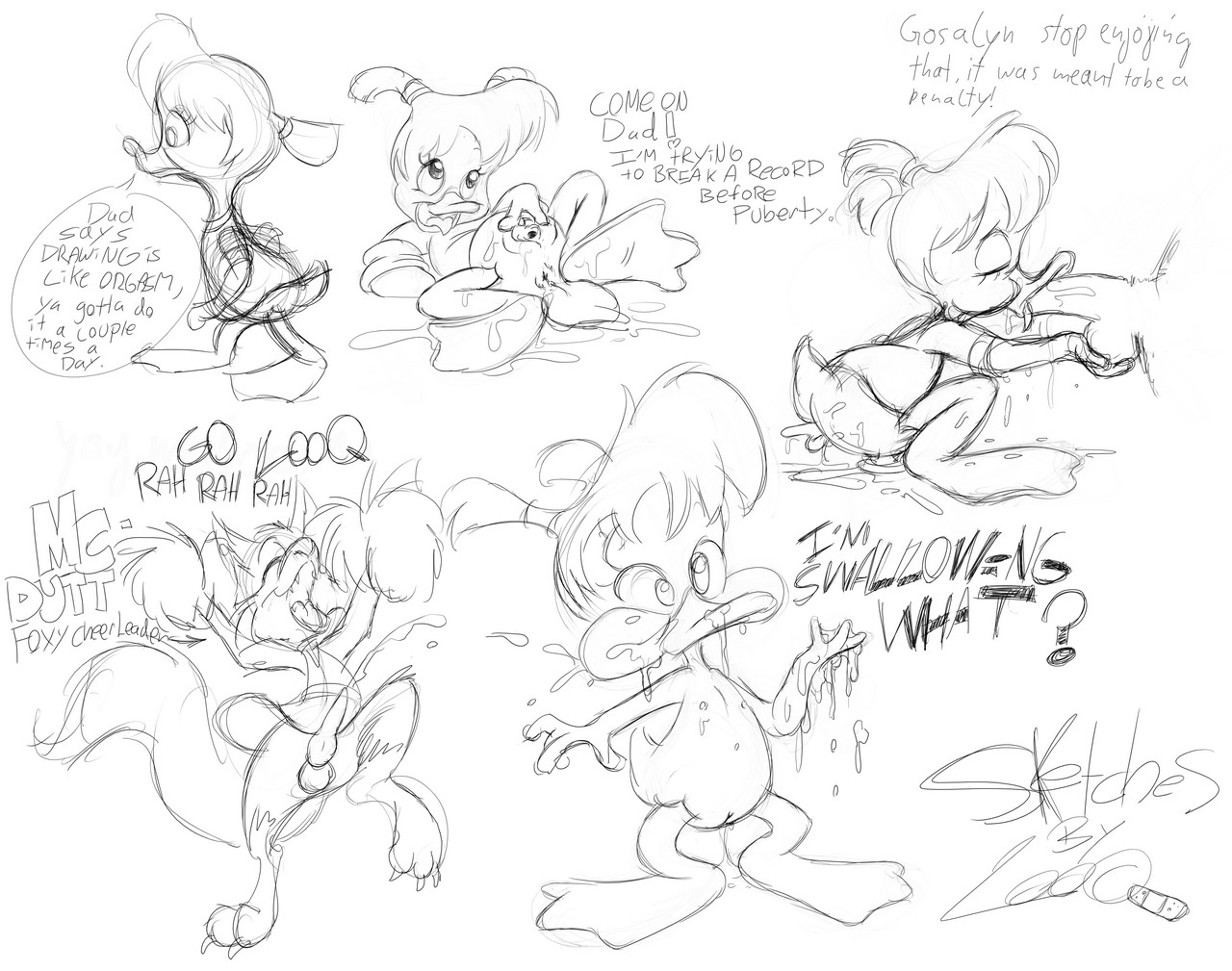 anthro avian bird cub darkwing_duck disney duck fox furry gosalyn_mallard looqdrake monochrome penis pussy rough_sketch sketch tagme testicles young