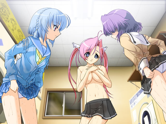 3girls antenna_hair ayakashi blue_eyes blue_hair braid breast_hold breasts covering eim_yoake game_cg hair_over_eyes hime_yakushiji large_breasts long_hair multiple_girls natsuhara_orie no_bra orie_natsuhara panties pink_hair purple_hair school_uniform serafuku short_hair skirt skirt_lift tied_hair toma_(asagayatei) topless twintails underwear undressing washing_machine wet wet_clothes white_panties yakushiji_hime yoake_eimu