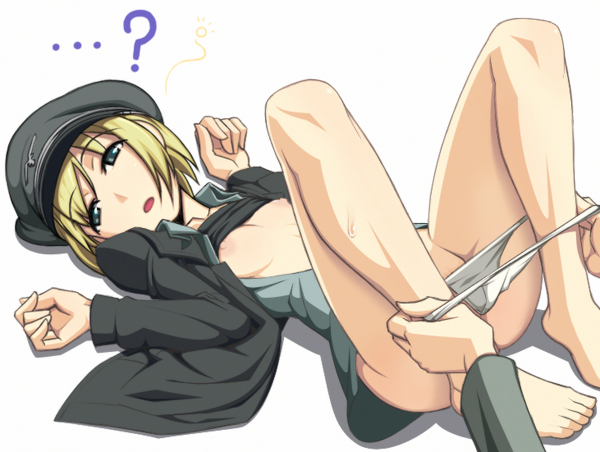 barefoot blonde_hair blue_eyes breasts caryo clothing erica_hartmann feet flat_chest hat lying nanashino nipples panties panty_pull peaked_cap shirt shirt_lift short_hair strike_witches underwear