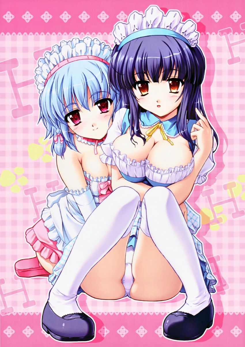 2girls ayakashi ayakashi_h blue_hair blush breasts choker cleavage eim_yoake elbow_gloves female gloves highres izumi_makihara large_breasts maid maid_headdress multiple_girls panties pantyshot pantyshot_(sitting) pantyshot_sitting pink_eyes red_eyes ribbon shiragami_kikuri short_hair sitting skirt smile thighhighs toma_(asagayatei) underwear white_legwear yoake_eimu yuri