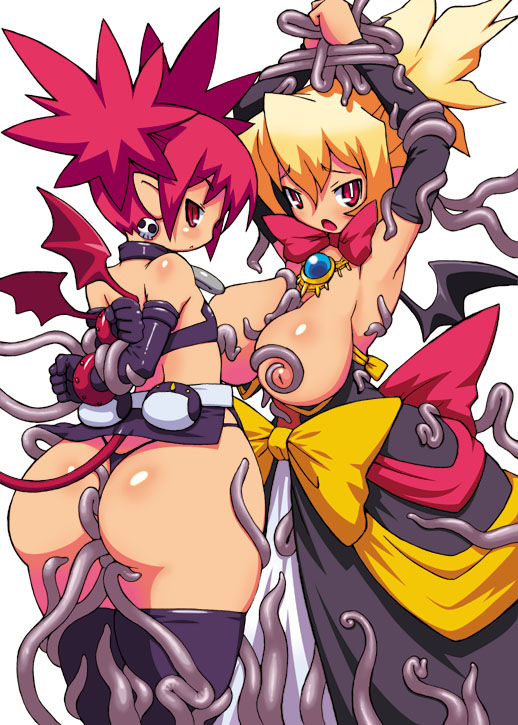 ass bat_wings big_ass blonde_hair breasts choker demon_girl detached_sleeves disgaea disgaea_1 disgaea_2 dress earrings elbow_gloves etna flat_chest gloves hips huge_ass huge_breasts jewelry latex latex_gloves looking_back necklace nipples nippon_ichi_software panties pointy_ears red_eyes red_hair rozalin sakuemon simple_background tentacle thighhighs thong tied underwear wide_hips wings