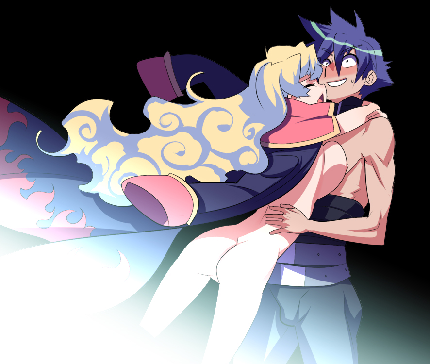 1boy 1girls ass back big_breasts blue_hair blush breast_press breasts breasts_on_chest cape cape_only female glomp hug hugging large_breasts long_hair love male multicolored_hair naked_cape nia_teppelin nipples nude nude_female reunited simon_(tengen_toppa_gurren_lagann) smile straight sweat tengen_toppa_gurren-lagann tengen_toppa_gurren_lagann tensugi_takashi topless_male two_tone_hair