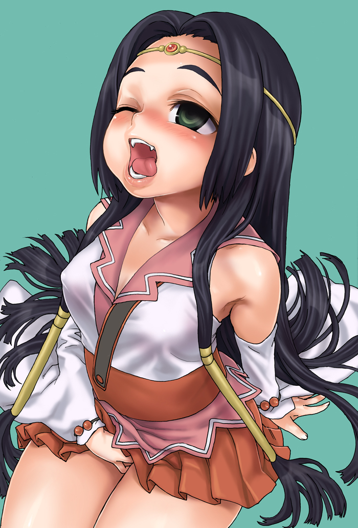 black_hair blush code_geass cute_fang empty_eyes green_eyes long_hair masturbation open_mouth solo sumeragi_kaguya tongue very_long_hair wink