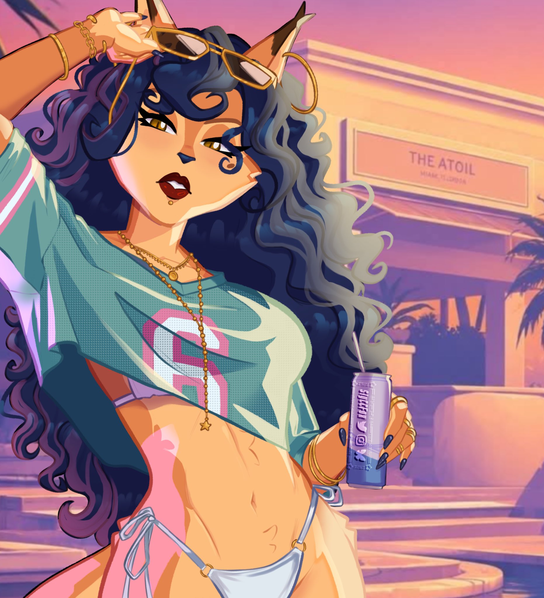 1girls, 2026, anthro, beverage can, bikini, brown eyes, carmelita fox, clothed, crossover, earrings, female, female only, fox, fox girl, grand theft auto, grand theft auto vi, gta vi cover girl, holding object, jewelry, lip piercing, lipstick, makeup, multicolored body, multicolored fur, necklace, orange body, piercing, red lipstick, rockstar games, sly cooper (series), solo, sony, sony corporation, sony interactive entertainment, sunglasses, tail, topwear, two-piece swimsuit, two-tone body, two-tone fur