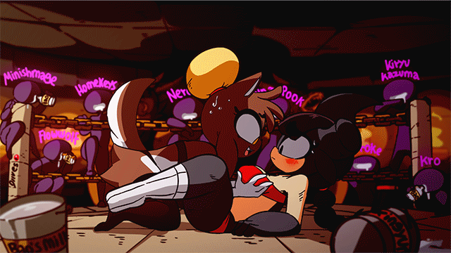 2girls, animated, anthro, blush, breast grab, breasts, diives, female, furry, gif, speech bubble, text, xingzuo temple, yuri