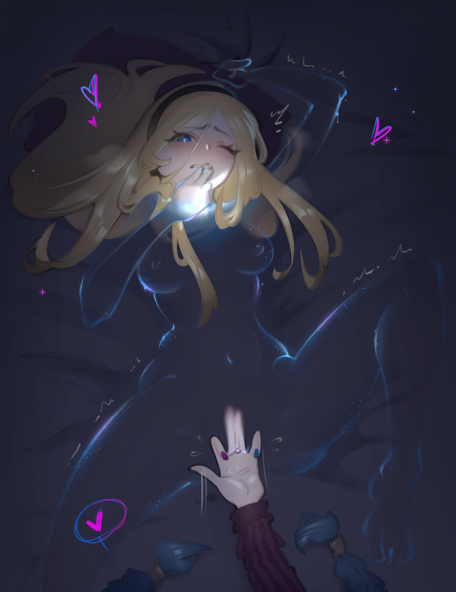 age difference, blonde hair, blue eyes, blush, fingering, invisible girl, jinx (league of legends), league of legends, luxanna crownguard, magic, masturbation, pov, transparent body, yuri