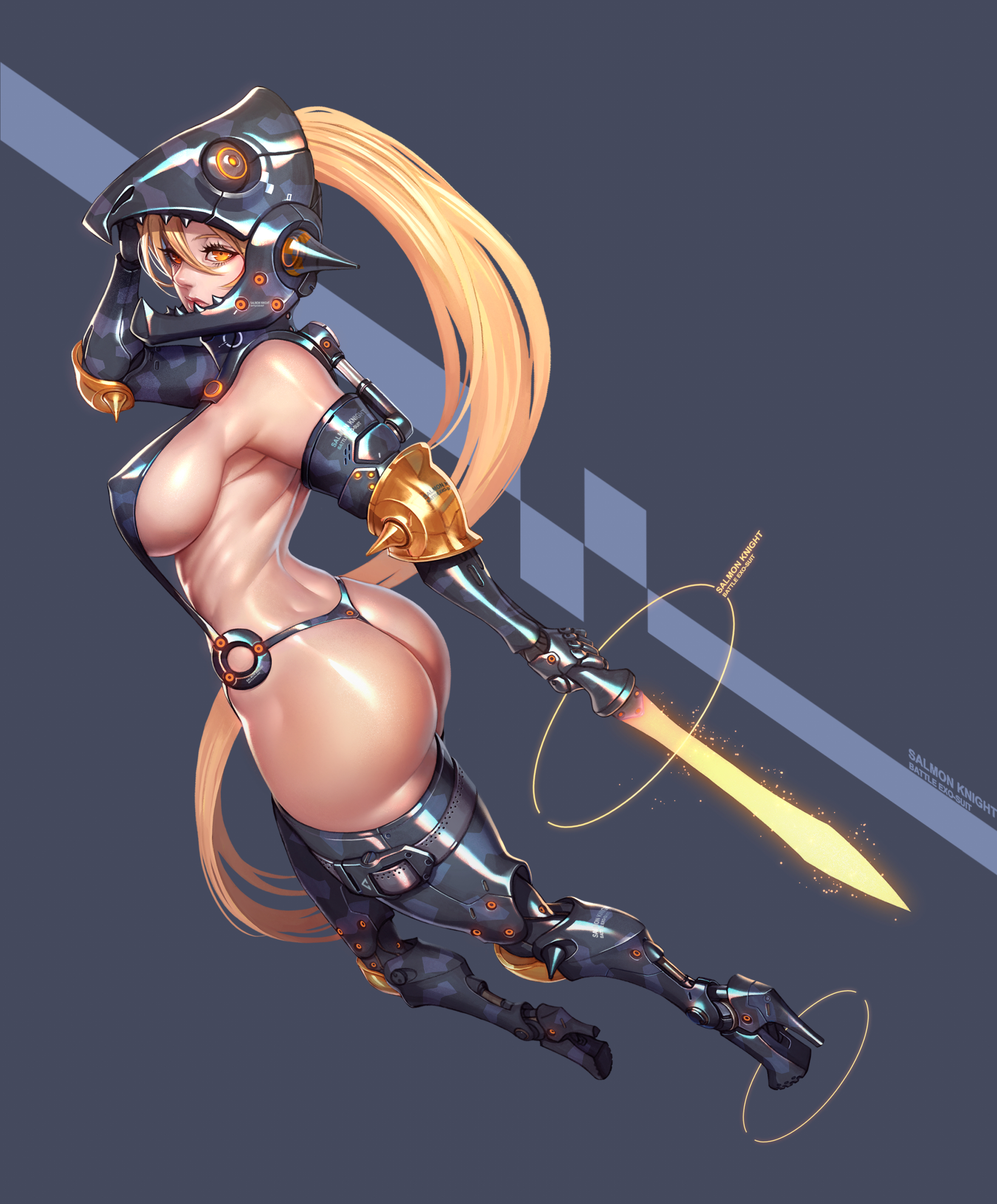 armor, ass, bikini armor, blonde hair, breasts, censored, cleavage, convenient censoring, cyborg, energy sword, female, gauntlets, golden eyes, helmet, heterochromia, high heels, holding hands, holding object, huge ass, knight, large breasts, long hair, mecha musume, mechanical arms, mechanical legs, original, pixiv id 20778514, polearm, ponytail, red eyes, shiny, shoes, simple background, solo, spear, standing, standing on one leg, sword, thong, tied hair, very long hair, weapon, wei (kaminari0411), yellow eyes