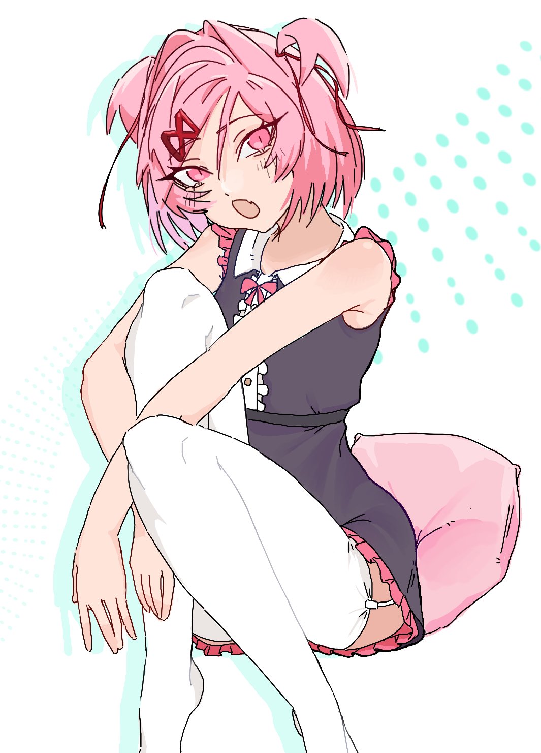 :o, 1girl, bare arms, bare shoulders, black dress, blush, bow, breasts, collared dress, colored shadow, commentary, cushion, ddlc, doki doki literature club, dress, dress bow, english commentary, exspiravitbag, eyelashes, eyeshadow, fang, frilled dress, frills, garter straps, hair between eyes, hair ornament, hair ribbon, halftone, halftone background, head tilt, highres, hugging own legs, knees up, looking at viewer, looking to the side, makeup, natsuki (doki doki literature club), no shoes, on cushion, open mouth, pink bow, pink eyeshadow, pink hair, pink trim, red ribbon, ribbon, serenity forge, shadow, short dress, sitting, skin fang, sleeveless, sleeveless dress, slit pupils, small breasts, solo, swept bangs, team salvato, thighhighs, two side up, white background, white thighhighs, white trim, x hair ornament