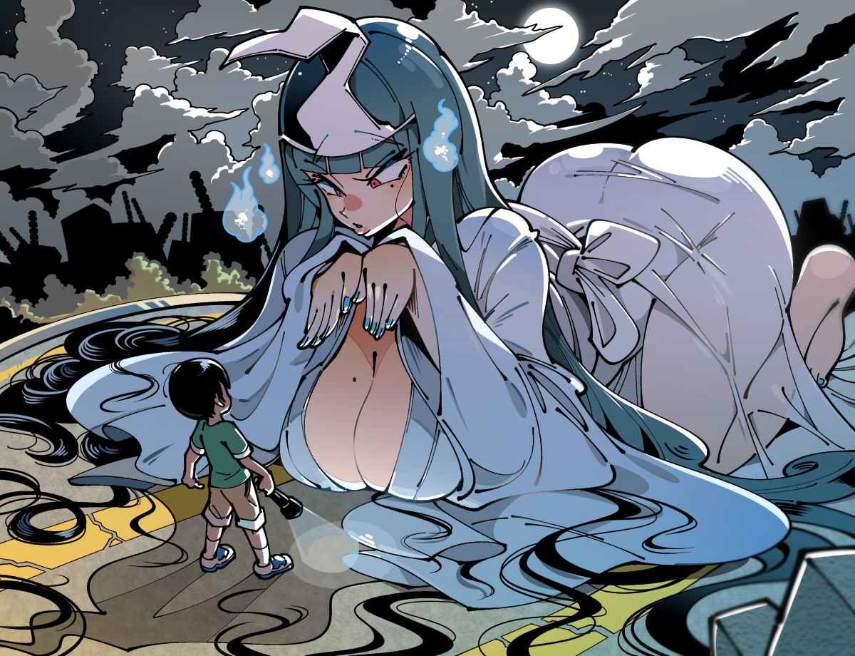 1boy, 1girls, arched back, bangs, bigger dom, bigger female, black background, black hair, blue clothing, blue nails, breasts bigger than head, breasts bigger than torso, clothed, clothed female, clothing, cloudy sky, curious, curvy, curvy female, digital drawing (artwork), digital media (artwork), eyelashes visible through hair, fat ass, fauna, femdom, flashlight, flowing clothing, flowing hair, gentle femdom, gentle mommy, ghost, ghost girl, giantess, green shirt, greenery, grey background, hachishakusama, hasshaku-sama, hitaikakushi, hitodama, horror, huge ass, huge breasts, intimate atmosphere, japanese clothing, japanese female, kafun, kimono, large ass, large breasts, larger female, lilliputian, looming, lying down, lying on ground, macro female, micro male, mini giantess, mole on breast, mole under eye, mommy, moon, moonlight, night, onryo, original artwork, original character, red eyes, revealing clothes, road, sexy, shiromuku, size difference, size kink, small waist, smaller male, stars, taller female, tenkan, thighs, tight clothing, towering, urban legend, voluptuous, voluptuous female, white bow, white clothing, yokai