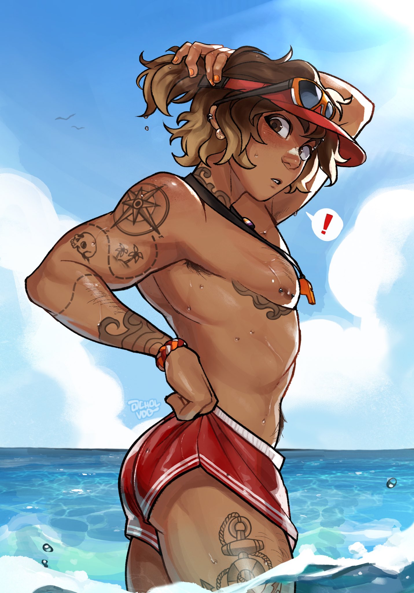 1other, artist request, exposed nipples, lifeguard, looking at viewer, non binary, overwatch, tan skin, tan-skinned male, transgender, venture