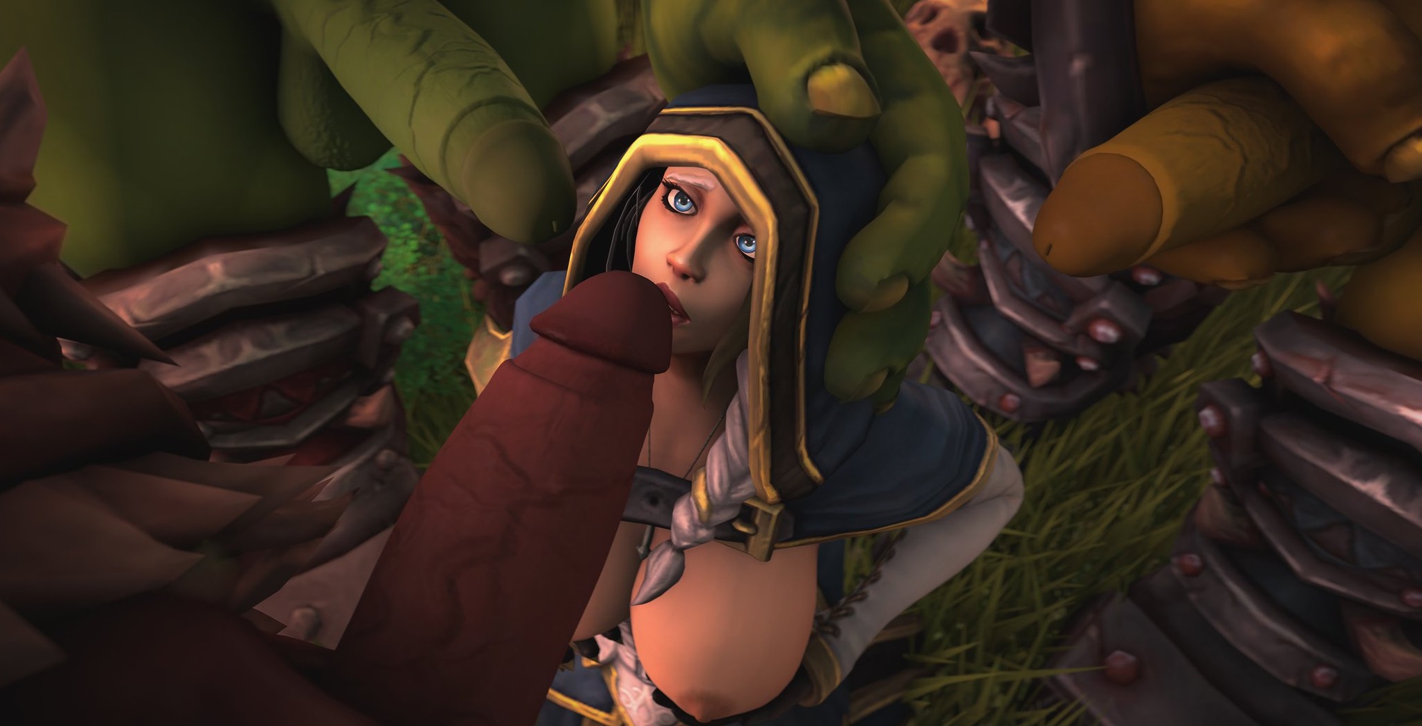 1girls, 3boys, 3d, areolae, armor, armored boots, big penis, blue eyes, braid, braided hair, breasts, cowl, dark skin, dark-skinned male, defeated, dubious consent, faceless male, female, femsub, forced, grass, green skin, hand on another's head, head grab, hood, hostage, huge breasts, huge cock, human, human female, imminent oral, imminent sex, it'll never fit, jaina proudmoore, kneeling, light skin, light-skinned female, looking up, male, male/female, maledom, multiple boys, multiple males, multiple penises, on knees, orc, orc male, pale skin, penis, silver hair, single braid, submissive, thick penis, torn clothes, veiny penis, warcraft, warrior, white hair, world of warcraft