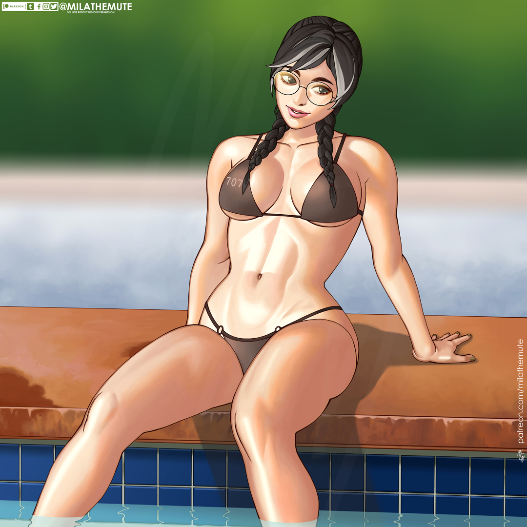 1:1 aspect ratio, 1girls, bikini, braid, breasts, cleavage, dokkaebi (rainbow six), female, female only, glasses, megane, midriff, mila the mute, outdoors, partially submerged, pool, rainbow six, rainbow six siege, solo, swimsuit, tied hair, tom clancy, twin braids