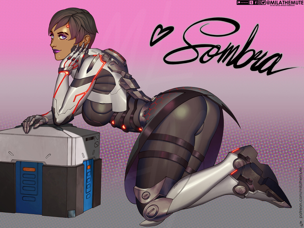 1girls, 4:3, alternative costume, ass, bent over, blizzard entertainment, bodysuit, female, gradient, gradient background, kneeling, lootbox, mila the mute, overwatch, overwatch 2, overwatch archives, skin tight, solo, sombra, talon sombra
