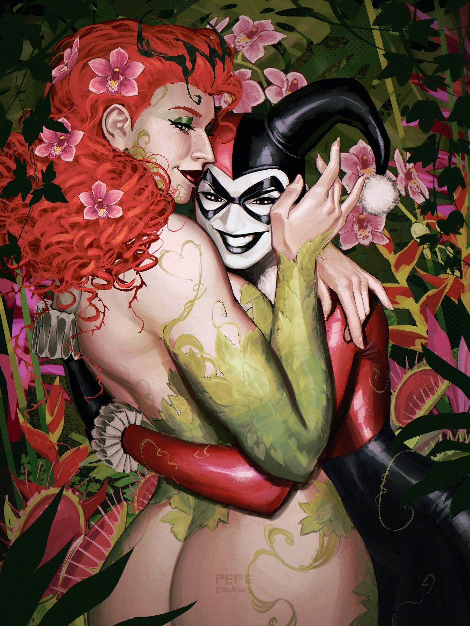 2girls, ass, ass focus, batman (series), big ass, bottomless, bottomless female, canon couple, casual, casual bottomless, clown girl, couple, dc, dc comics, female, female only, flowers, flowers in background, harley quinn, harley quinn (classic), holding partner, jester outfit, looking at viewer, pamela isley, pepedraws, poison ivy, red hair, redhead, sexy, smile, smiling, smiling at viewer, tasteful, villainess, yuri