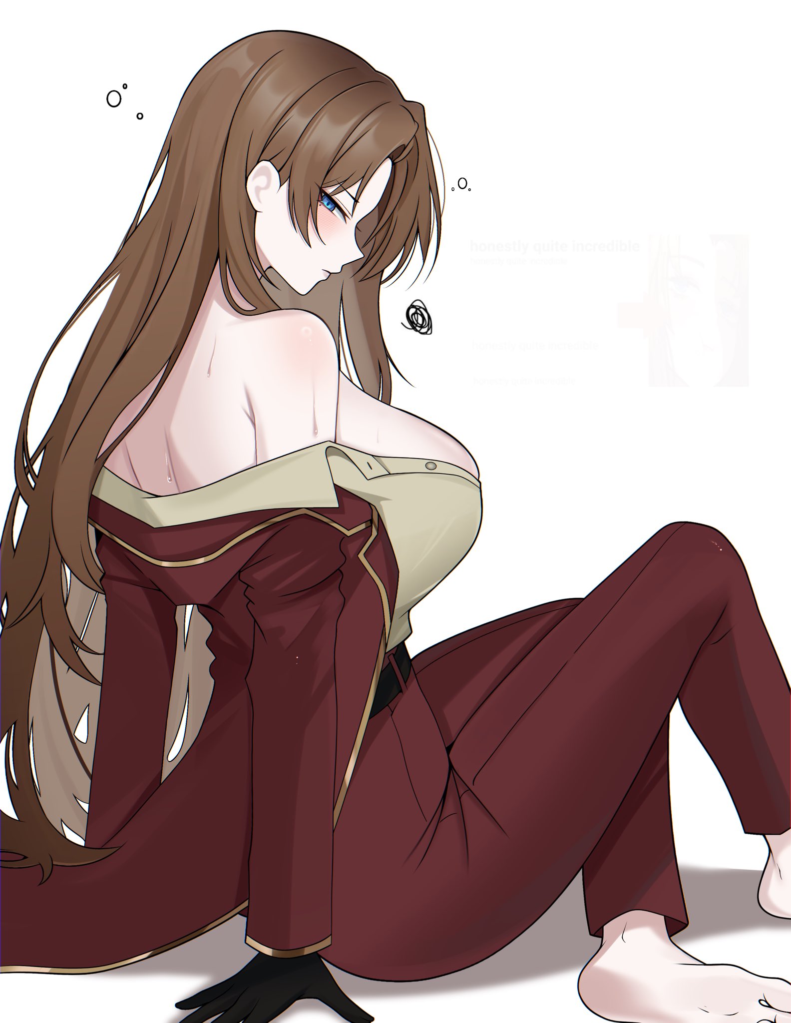 back, back view, black gloves, blue eyes, brown hair, drunk, drunk bubble, feet, female, female focus, female only, gloves, large breasts, light skin, light-skinned female, limbus company, long hair, looking at viewer, m ayonessa, partially clothed, partially clothed female, partially undressed, project moon, rodion (limbus company), shoulders, sideboob, simple background, sole female, the thumb (project moon), valencina (limbus company)