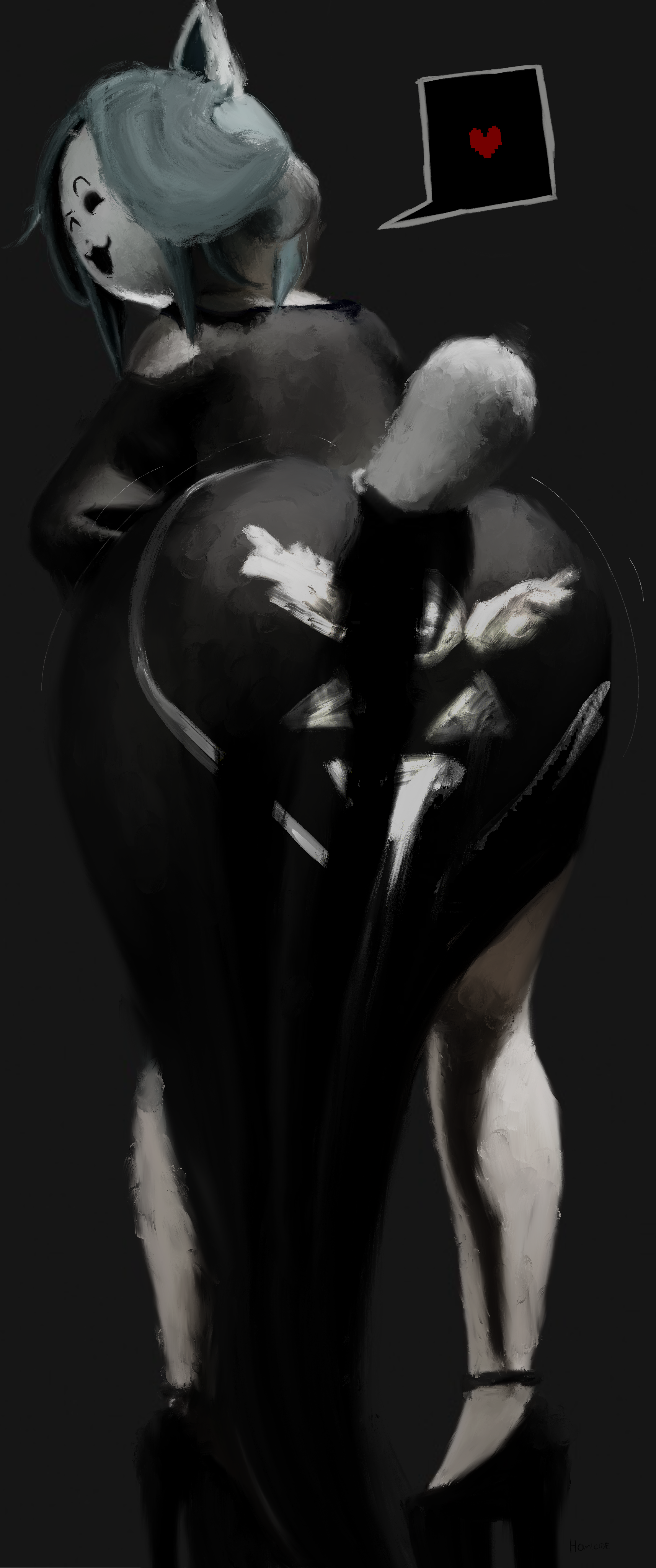 1girls, 2d, 2d (artwork), ass focus, bent over, black dress, cat ears, cat girl, cat humanoid, cat tail, catgirl, deltarune, dress, female, female focus, female only, furry, heart, heels, high heels, loincloth dress, painting (artwork), solo, suggestive, symbol on ass, tail, temmie (undertale), undertale, wink, winking at viewer