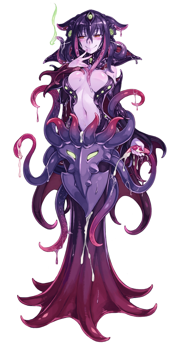 bare_shoulders blush breasts cleavage female female_focus female_only fluid full_body kenkou_cross looking_at_viewer mind_flayer mindflayer_(monster_girl_encyclopedia) monster_girl monster_girl_encyclopedia navel official_art orange_eyes purple_hair purple_skin simple_background smile solo tentacle white_background