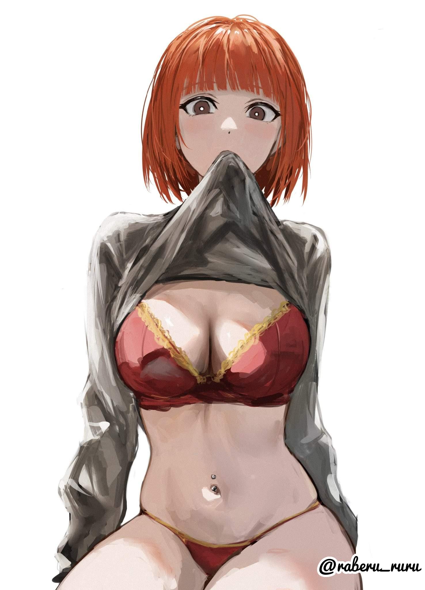 1girls, 2d, 2d (artwork), 2d artwork, adult, adult female, background, bare belly, bare hips, bare legs, bare midriff, bare navel, bare skin, bare thighs, belly, belly button, belly button piercing, big boobs, big breasts, blank background, blunt bangs, bra, breasts, brown eyes, brown-eyed female, busty, busty female, busty girl, character request, cleavage, digital, digital art, digital drawing, digital drawing (artwork), digital media, digital media (artwork), drawing, exposed, exposed belly, exposed hips, exposed legs, exposed midriff, exposed navel, exposed skin, exposed thighs, eyebrows visible through hair, female, female focus, female only, female torso, ginger, ginger hair, groin, half naked, half nude, hourglass figure, inguinal crease, inguinal ligament, large boobs, large breasts, lean figure, looking at viewer, matching underwear, mature, mature female, mature woman, mcdonald's, midriff, mom (japanese mcdonald's commercial), monotone background, naked, naked female, naked woman, narrow waist, navel, navel piercing, navel piercings, nude, nude female, nudity, one color background, orange hair, orange hair female, orange-haired female, panties, partially undressed, pierced belly button, pierced navel, plain background, portrait, raberu ruru, red bra, red panties, red thong, red underwear, semi nude, short hair, shoulders, sitting, skindentation, slender body, slender waist, slim female, slim waist, solid color background, solo, thick thighs, thighs, thong, topwear, topwear lift, topwear pull, topwear up, underwear, upper body, white background, wide hips, woman, yoru mac