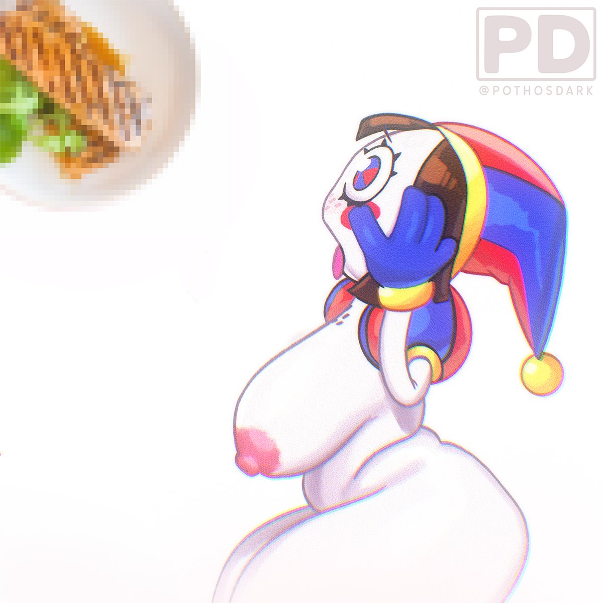 1girl black_hair blue_gloves female fish food gloves jester jester_cap looking_at_viewer open_mouth plate pomni_(the_amazing_digital_circus) pothosdark salmon solo the_amazing_digital_circus tongue white_background