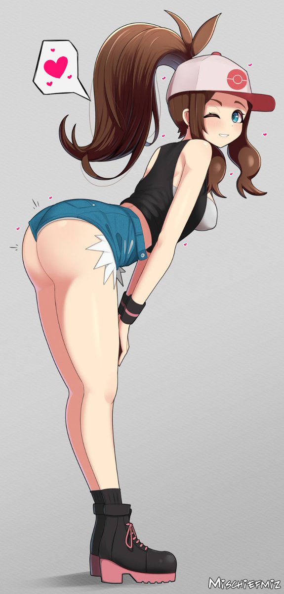 1girls, ass hanging out, ass hanging out of shorts, blue eyes, booty shorts, brown hair, hilda (pokemon), mischiefmiz, nintendo, pokemon, pokemon bw, short shorts, shorts