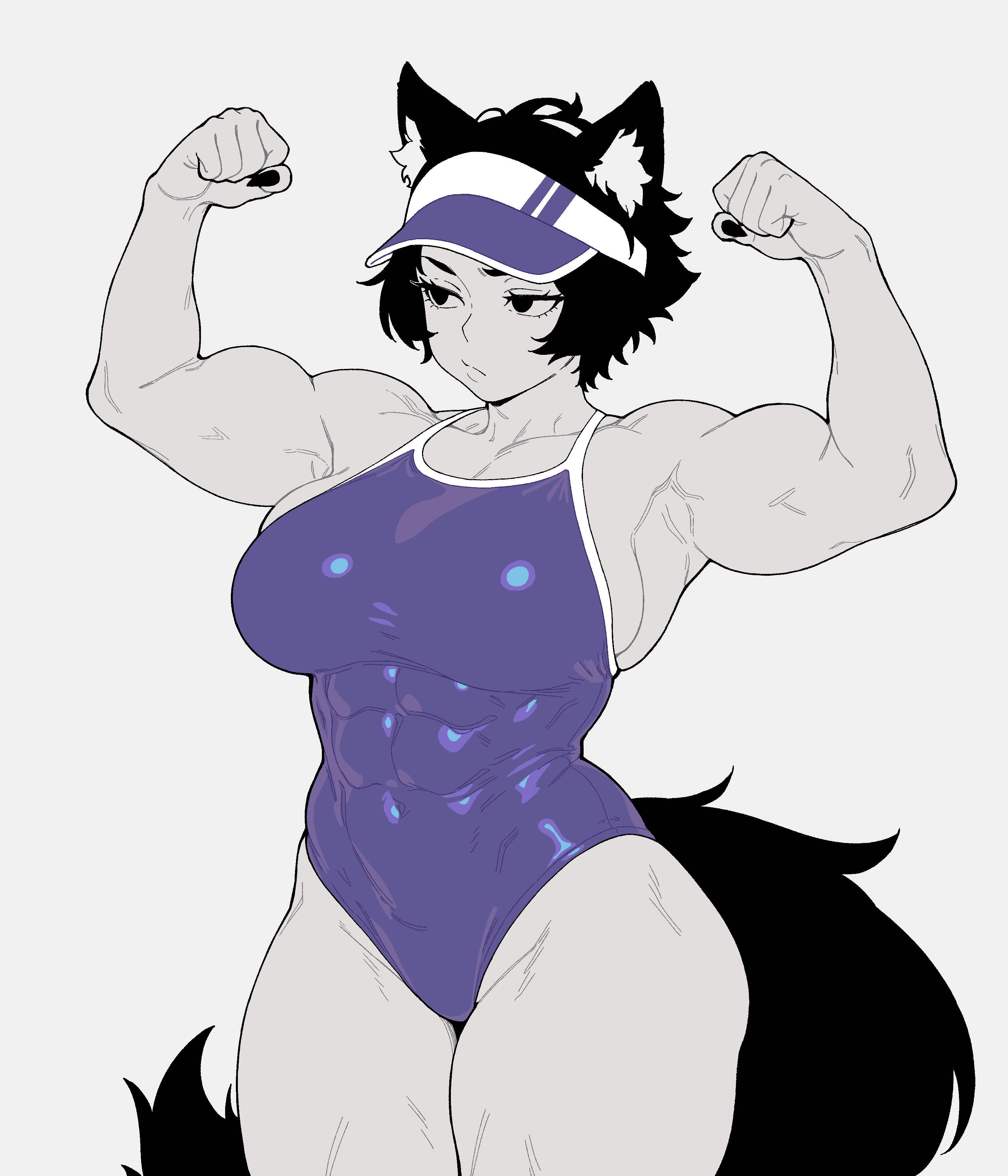 1girls, 2d, biceps, black nails, chengchezhiice, flexing, large breasts, muscular female, oc, posing, purple swimsuit, swimsuit, tagme, thick thighs, wolf ears, wolf girl, wolf tail