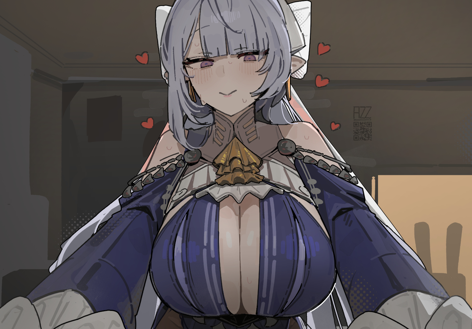 1girl, azz0422, blue dress, blunt bangs, blush, breasts, cleavage, closed mouth, clothing cutout, commentary, dress, grey hair, heart, indoors, large breasts, long hair, pointy ears, purple eyes, shoulder cutout, smile, solo, velina airgid, zenless zone zero