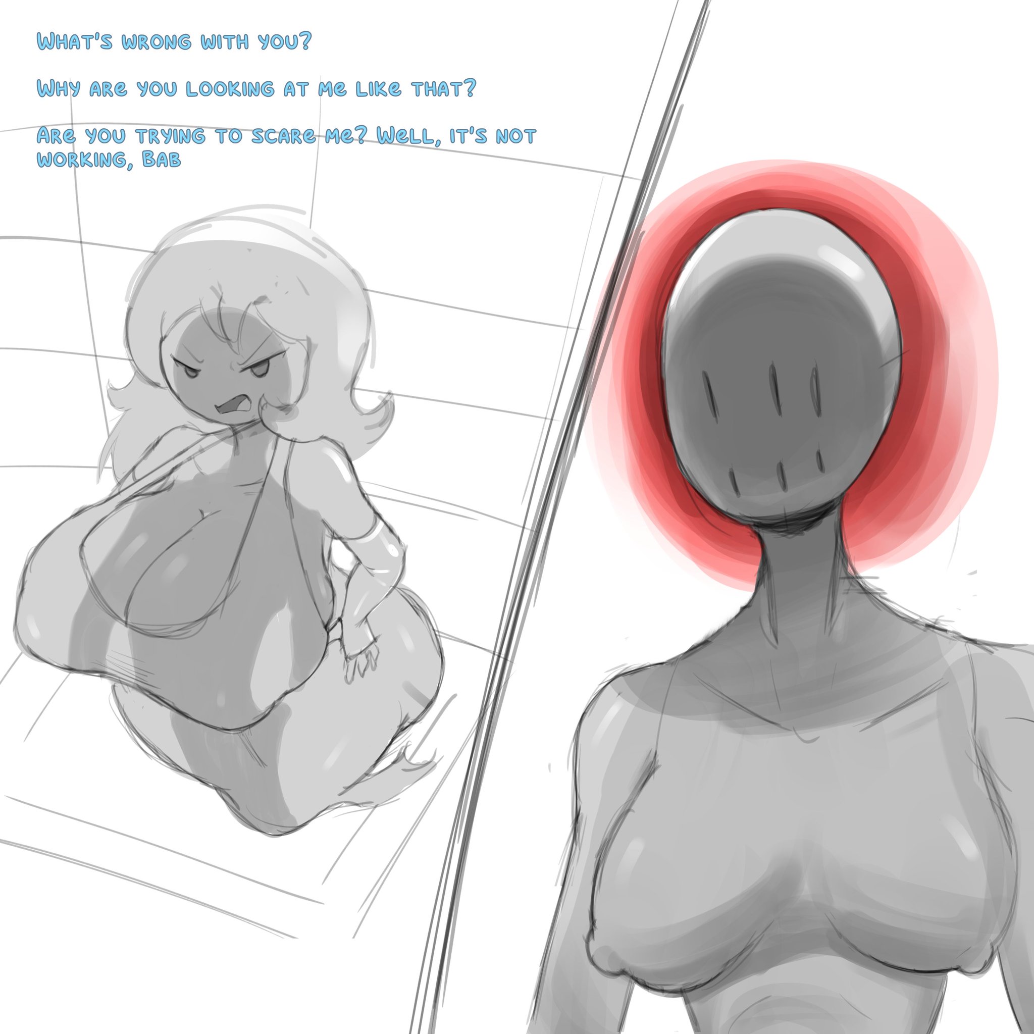 2girls, arm sleeves, armwear, bab (shojs), bald, boobs, breasts, elbow gloves, faceless, faceless female, ghost, ghost girl, gloves, greyscale, mannequin, megamor, neckline, specimen 5, spooky (shojs), spooky's house of jump scares, uncolored