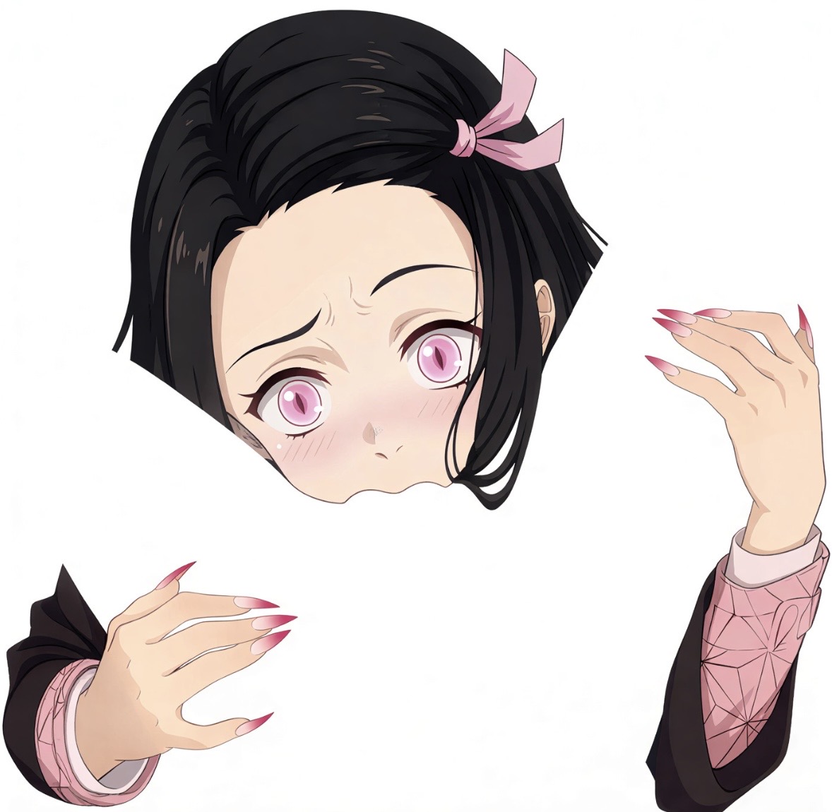 ai generated, cunnilingus, dark hair, demon, demon girl, demon slayer, eye contact, holding legs, kamado nezuko, long nails, pink eyes, pov, pussy, pussy eating, sharp nails, tag your ai trash, yuri
