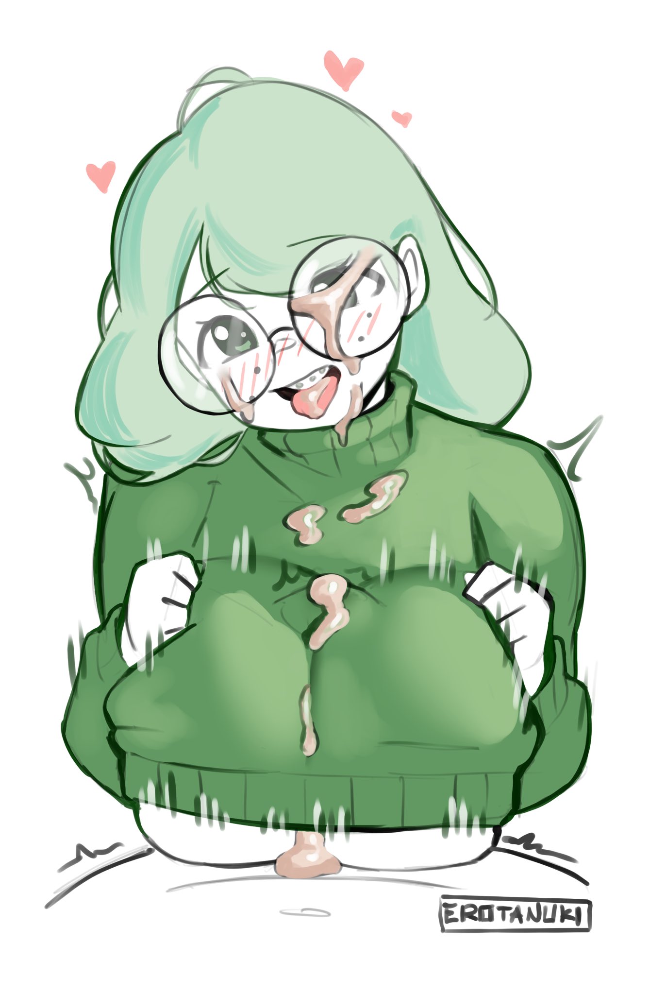 blush, braces, cum, cum between breasts, cum in mouth, cum on clothes, facial, freckles, glasses, glasses girl, green hair, hazel (rebecca doodles), huge breasts, meme, nerd, nerdy female, paizuri, paizuri under clothes, sweater
