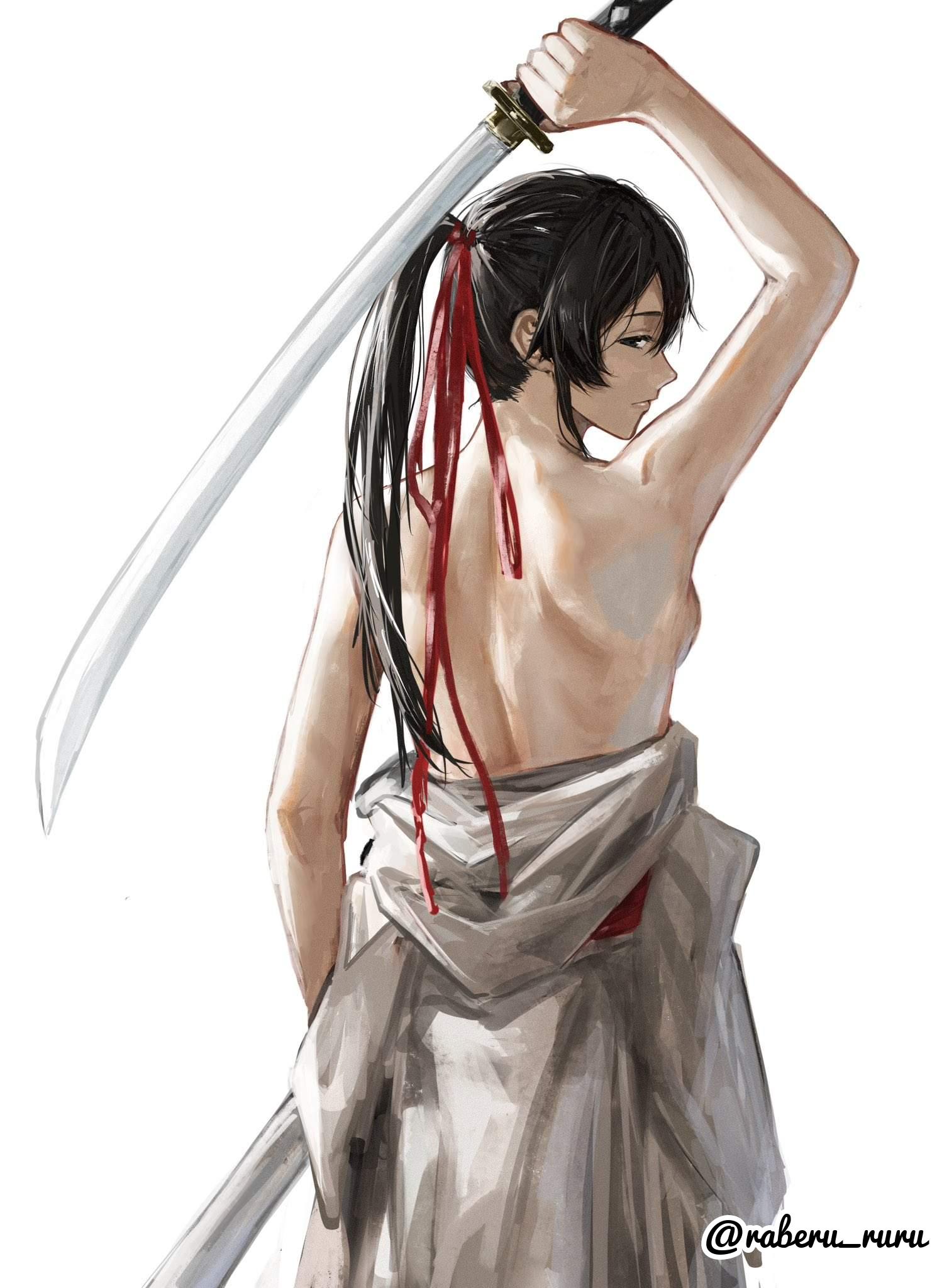 1girls, 2d, 2d (artwork), 2d artwork, arm above head, arm up, armpits, back, backboob, background, bare armpits, bare arms, bare back, bare breasts, bare chest, bare hands, bare shoulders, bare skin, bare tits, black eyes, black hair, black-eyed female, black-haired female, blade, blank background, breasts, dark hair, digital, digital art, digital drawing, digital drawing (artwork), digital media, digital media (artwork), drawing, elbows, exposed, exposed armpits, exposed arms, exposed back, exposed breasts, exposed chest, exposed shoulders, exposed skin, female, female focus, female only, fingers, hair between eyes, hair ribbon, hair tie, half naked, half nude, half-closed eyes, hand above head, hand up, head tilt, jigokuraku, katana, lean figure, long hair, looking at viewer, looking back, looking back at viewer, median furrow, monotone background, naked, naked female, naked woman, narrow waist, nude, nude female, nudity, one color background, partially undressed, plain background, ponytail, portrait, profile, raberu ruru, red hair ribbon, red hair tie, red ribbon, ribbon, semi nude, shoulder blades, shoulders, sideboob, slender body, slender waist, slim female, slim waist, solid color background, solo, standing, sword, tied hair, tilted head, topless, topless female, upper body, weapon, white background, yamada asaemon sagiri