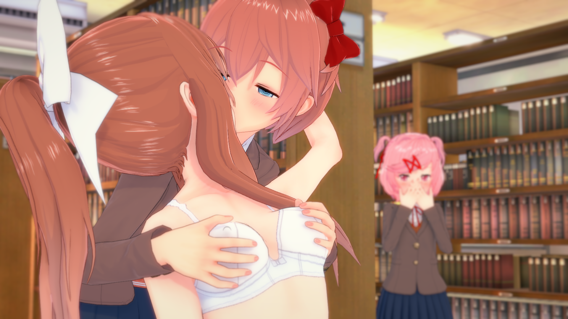 3d, 3girls, blazer, blue eyes, blue skirt, blush, blushing, books, bookshelf, bow, bra, breast grab, breasts, brown hair, caught, cleavage, clothing, doki doki literature club, embarrassed, embarrassed female, erect nipples, erect nipples under clothes, eyebrows visible through hair, female, female only, fully clothed, grope, groping, groping from behind, hair between eyes, hair bow, hairbow, hairclip, half-closed eyes, hand on head, hands on breasts, highres, indoors, kissing, koikatsu, koikatu, lesbian, library, light skin, light-skinned female, long sleeves, looking at another, medium breasts, monika (doki doki literature club), naked, naked female, natsuki (doki doki literature club), nipple outline, nipples, nude, nude female, petite, pink eyes, pink hair, pleated skirt, ponytail, public, red bow, red ribbon, ribbon, sayori (doki doki literature club), school uniform, shiny hair, shirt, short hair, short twintails, skirt, standing, surprised, sweater vest, twintails, video game, video games, white bow, white bra, white shirt, witchanon, yuri