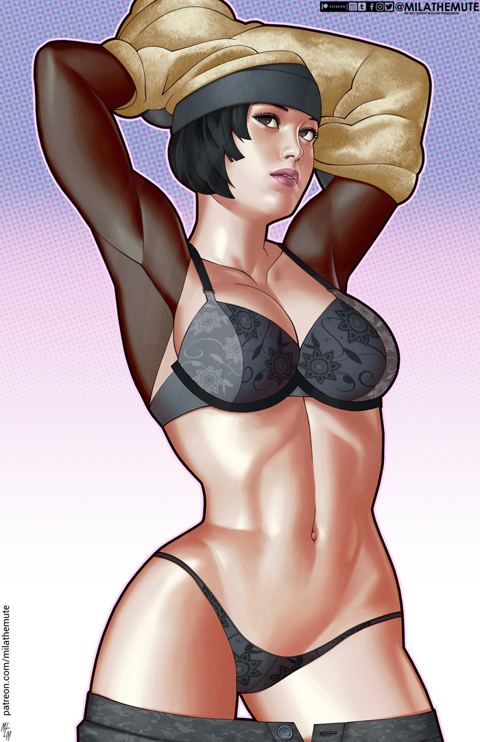 1girls, abs, beanie, black eyes, black hair, bra, breasts, female, female only, frost (rainbow six), hat, lingerie, mila the mute, panties, rainbow six, rainbow six siege, solo, text, thong, tom clancy, underwear, watermark, web address