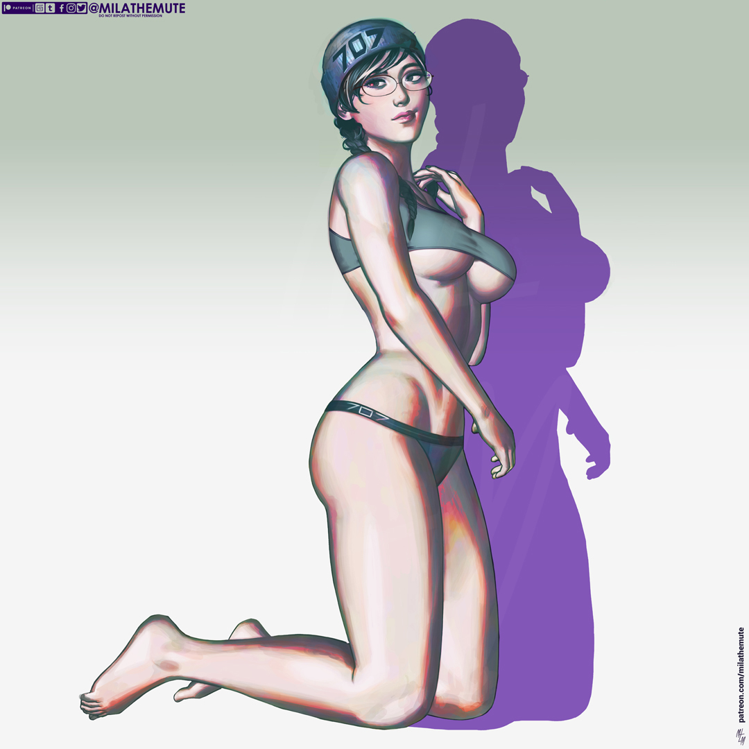 1girls, barefoot, beanie, braid, breasts, dokkaebi (rainbow six), feet, female, female only, kneeling, megane, mila the mute, panties, rainbow six, rainbow six siege, shadow, solo, toe curl, toes, tom clancy, underboob, underwear