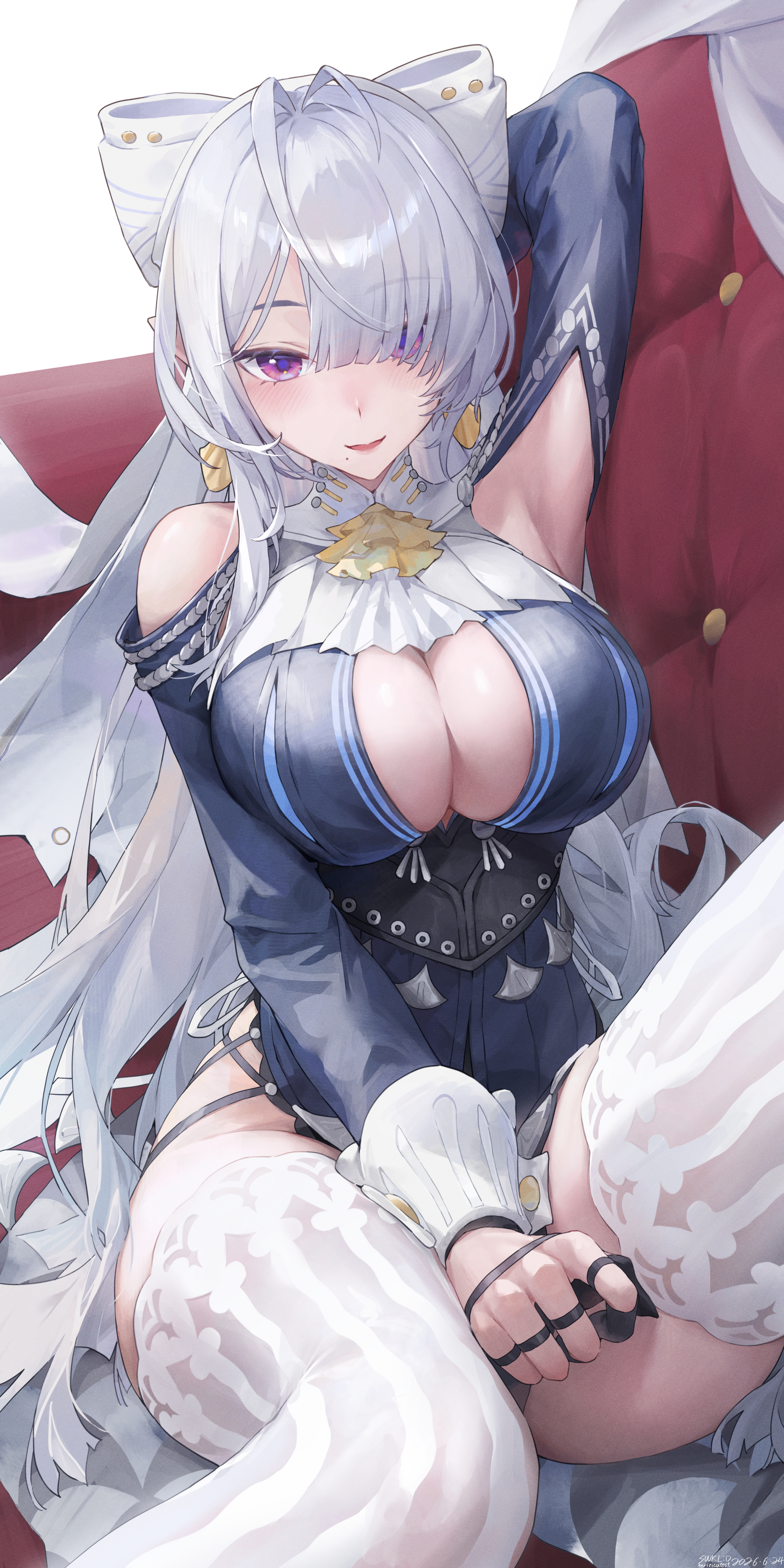 1girl, absurdres, arm up, armpits, ascot, big breasts, blue dress, blue sleeves, breasts, chinese commentary, cleavage, commentary request, couch, dress, grey hair, hair over one eye, highres, large breasts, long hair, looking at viewer, mole, mole under mouth, on couch, pointy ears, purple eyes, sitting, solo, swkl:d, thighhighs, velina airgid, white background, white thighhighs, yellow ascot, zenless zone zero