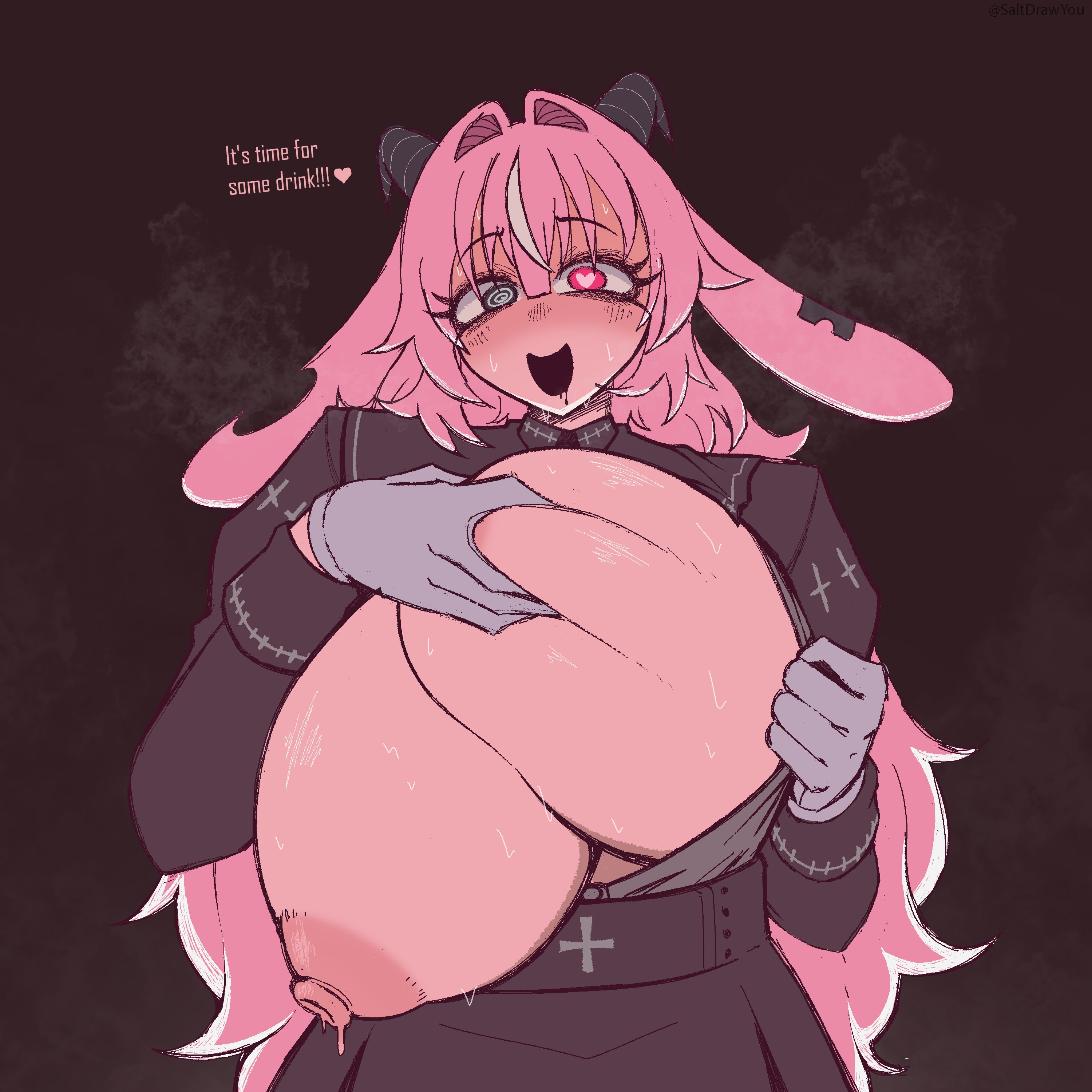 1girls, 2026, 2d, 2d (artwork), big breasts, boobs bigger than head, boobs out, busty, crazy smile, dialogue, drunken goddess reflux, female, femme soule, gloves, goat horns, grabbing own breast, heart-shaped pupils, heterochromia, horns, huge breasts, large breasts, looking at viewer, mommy, monster girl, nipples, pink hair, pink nipples, pukey goddess shot trick, saltdrawyou, seductive, showing breasts, simple background, slightly chubby, smile, smiling, sweat, sweating, sweaty, tagme, voluptuous