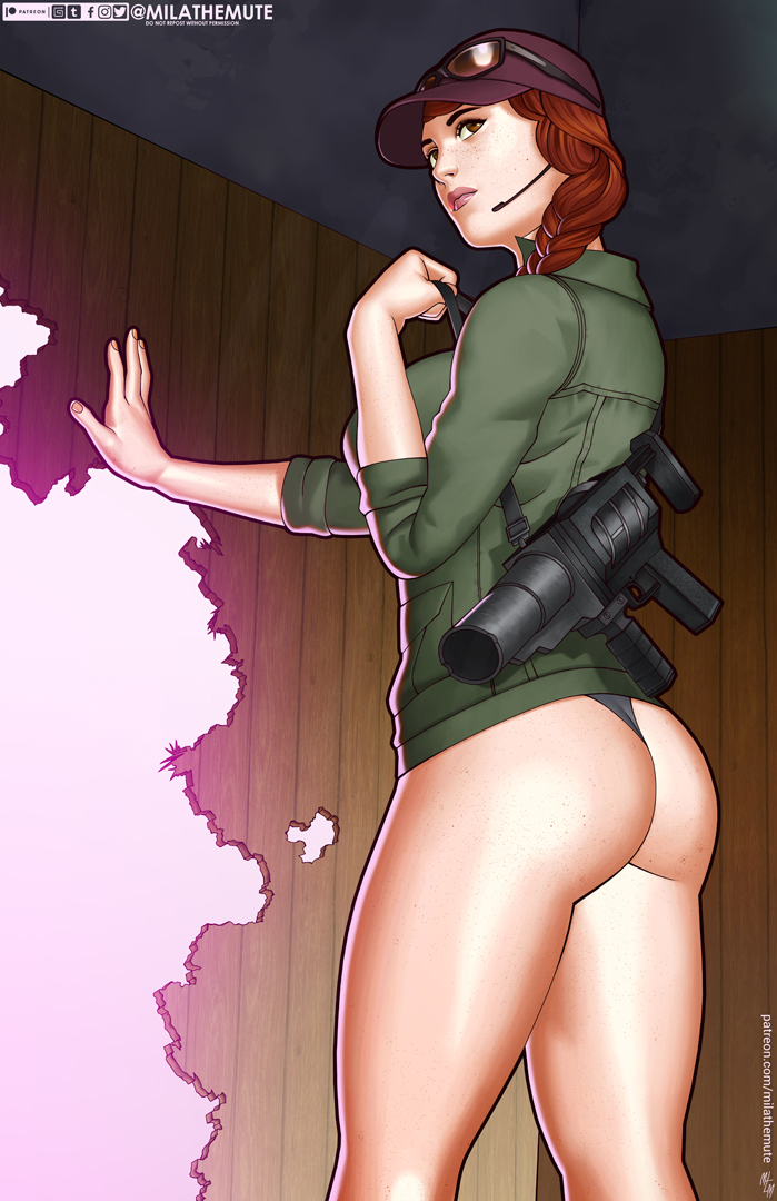 1girls, against wall, ash (rainbow six), ass, cowboy shot, female, female only, freckles, gun, jewish, jewish female, lips, mila the mute, no pants, rainbow six, rainbow six siege, red hair, solo, standing, tagme, tom clancy, weapon
