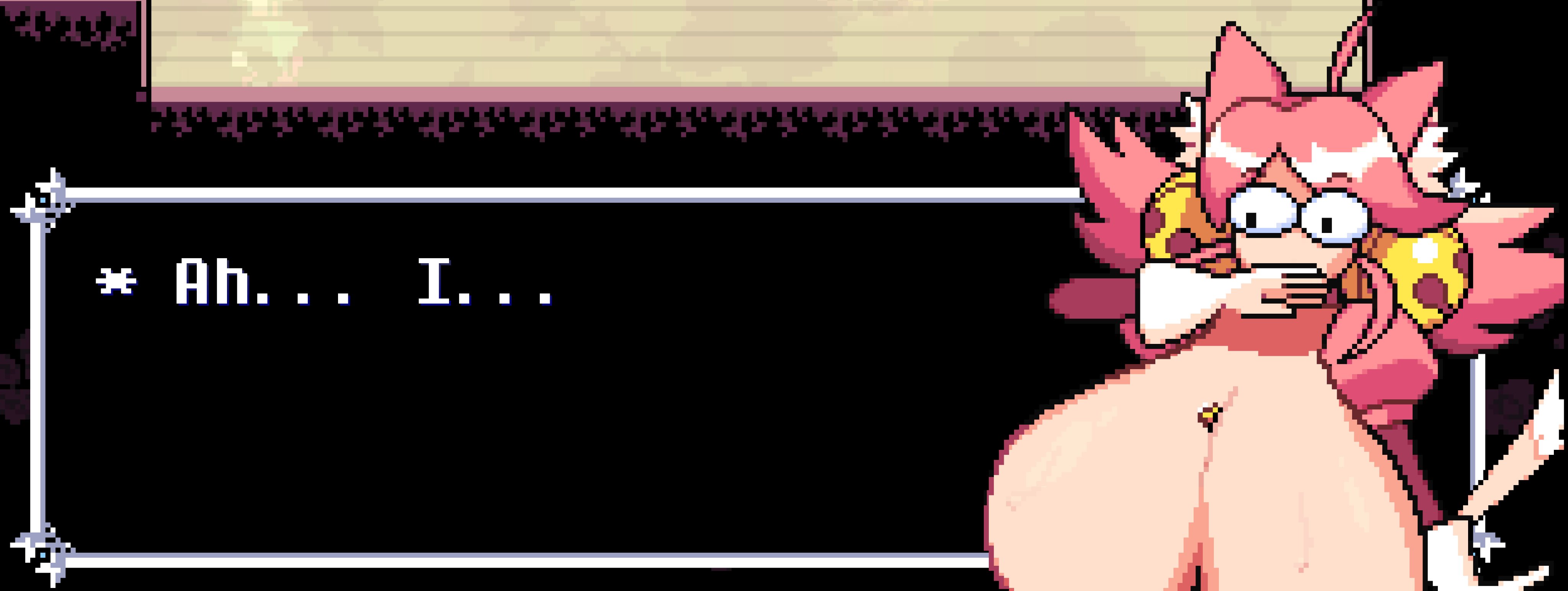 1girls, breast expansion, breasts, cat ears, cat girl, deltarune, deltarune chapter 5, edit, huge breasts, mad mew mew, pink (deltarune), solo, spoilers, sprite edit, surprised, sweatdrop, text box