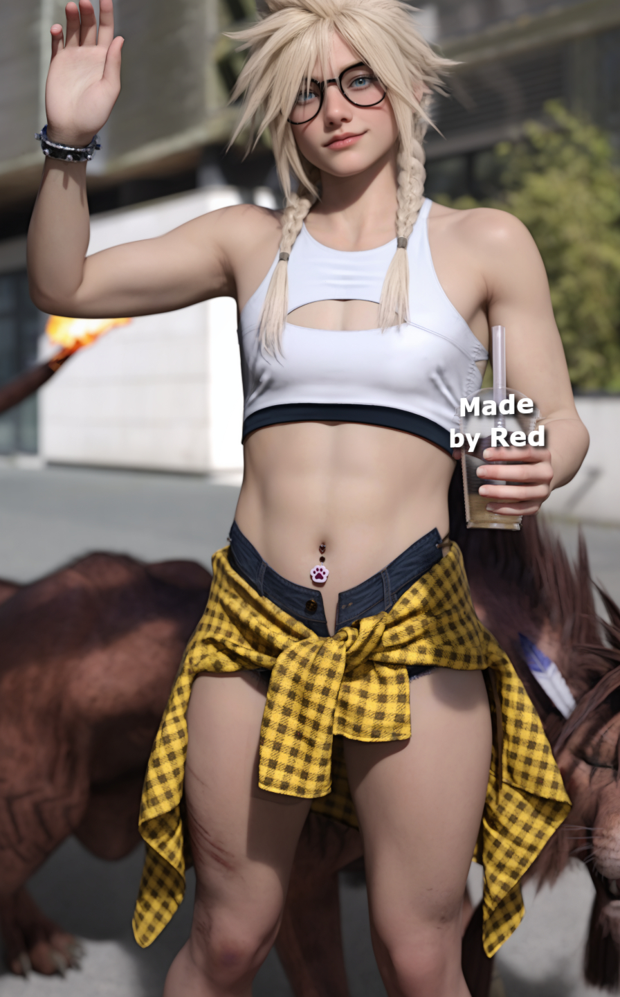 3d, 3d (artwork), belly piercing, blonde hair, blue eyes, braided hair, braids, cloud strife, cum, cum in glass, femboy, final fantasy, final fantasy vii, final fantasy vii remake, gay, glasses, hdregrets, hotpants, open shorts, red xiii, short shorts, shorts, sports bra, text, twink, waving, yaoi, zoophilia