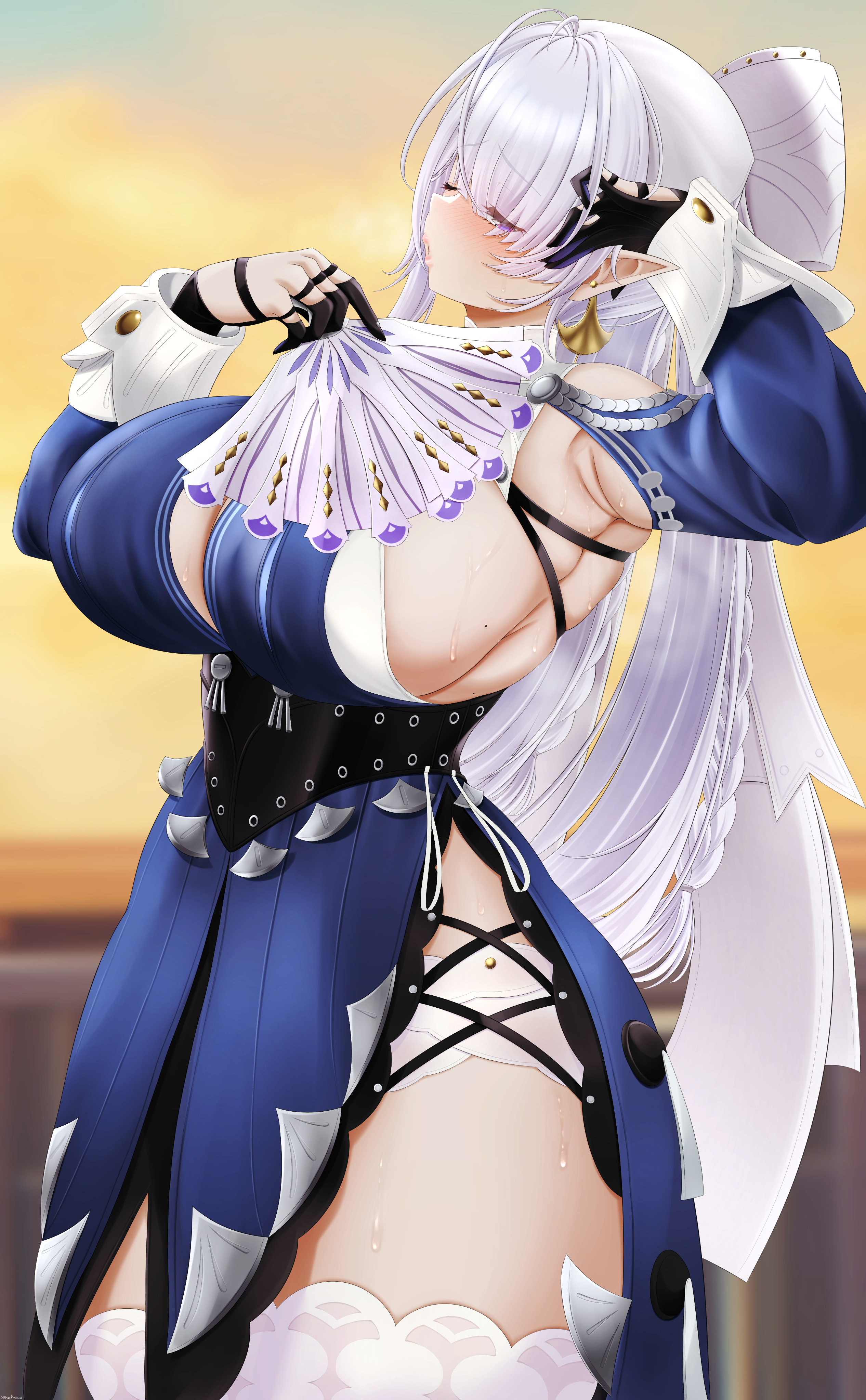absurdres, arched back, armpits, bare shoulders, blue dress, blurry, blurry background, blush, bow, braid, breasts, cleavage cutout, clothing cutout, commentary, cowboy shot, cross-laced slit, curvy, dress, earrings, english commentary, evening, eyes visible through hair, finger cots, folding fan, from side, grey hair, hair bow, hair ribbon, half-closed eye, hand fan, hands up, highres, holding, holding fan, hot, huge breasts, jewelry, long hair, long sleeves, looking ahead, mee don, one eye closed, outdoors, panties, parted lips, pointy ears, purple eyes, raised eyebrows, ribbon, shoulder cutout, side slit, sideboob, sideless dress, solo, standing, steaming body, sweat, thick thighs, thighhighs, thighs, twin braids, underbust, underwear, velina airgid, very long hair, white bow, white panties, white ribbon, white thighhighs, zenless zone zero