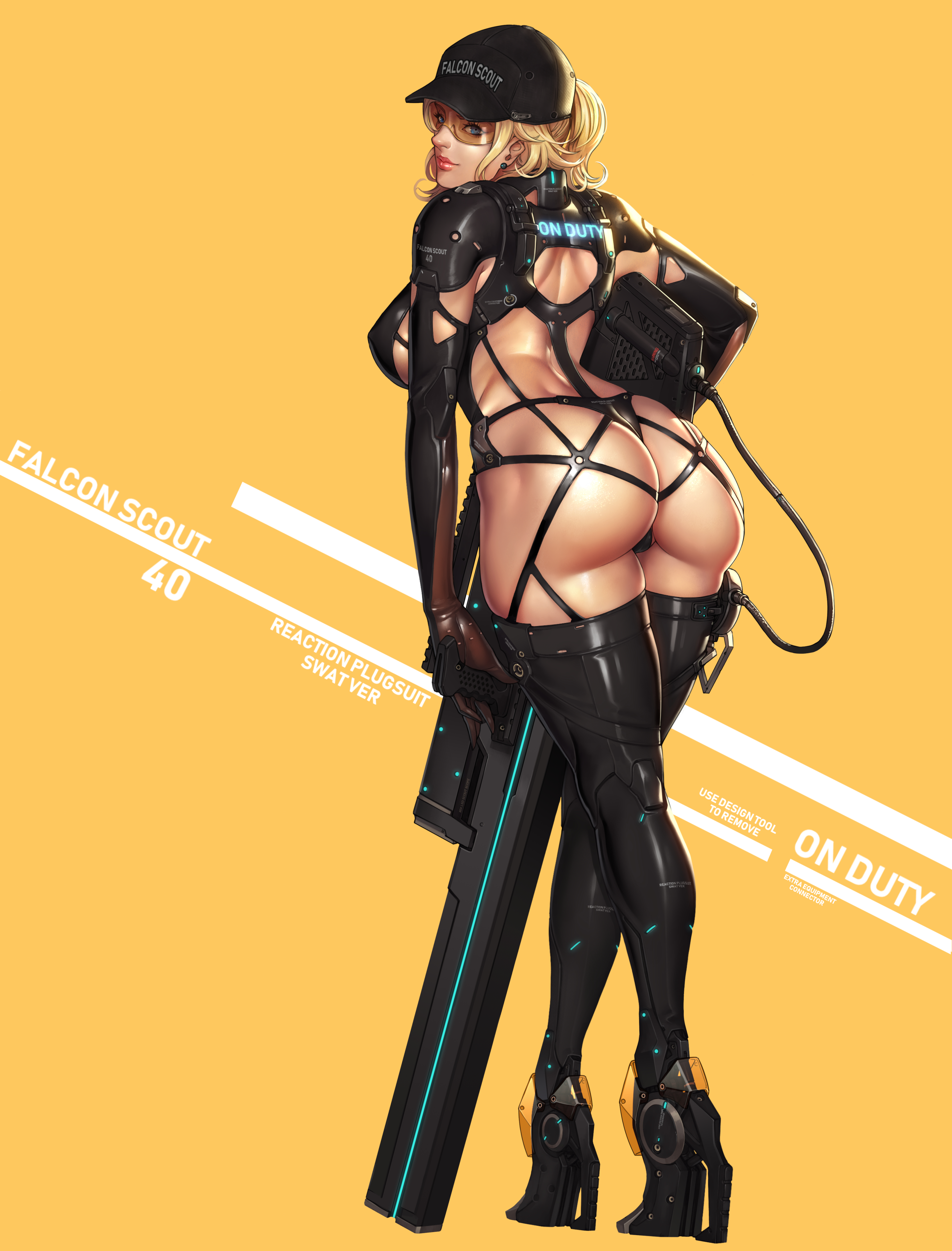 ass, blonde hair, breasts, cyborg, female, from behind, goggles, gun, hat, high heels, large breasts, looking at viewer, mechanical legs, original, pixiv id 20778514, shiny, shoes, simple background, solo, standing, thong, tight, uniform, weapon, wei (kaminari0411)