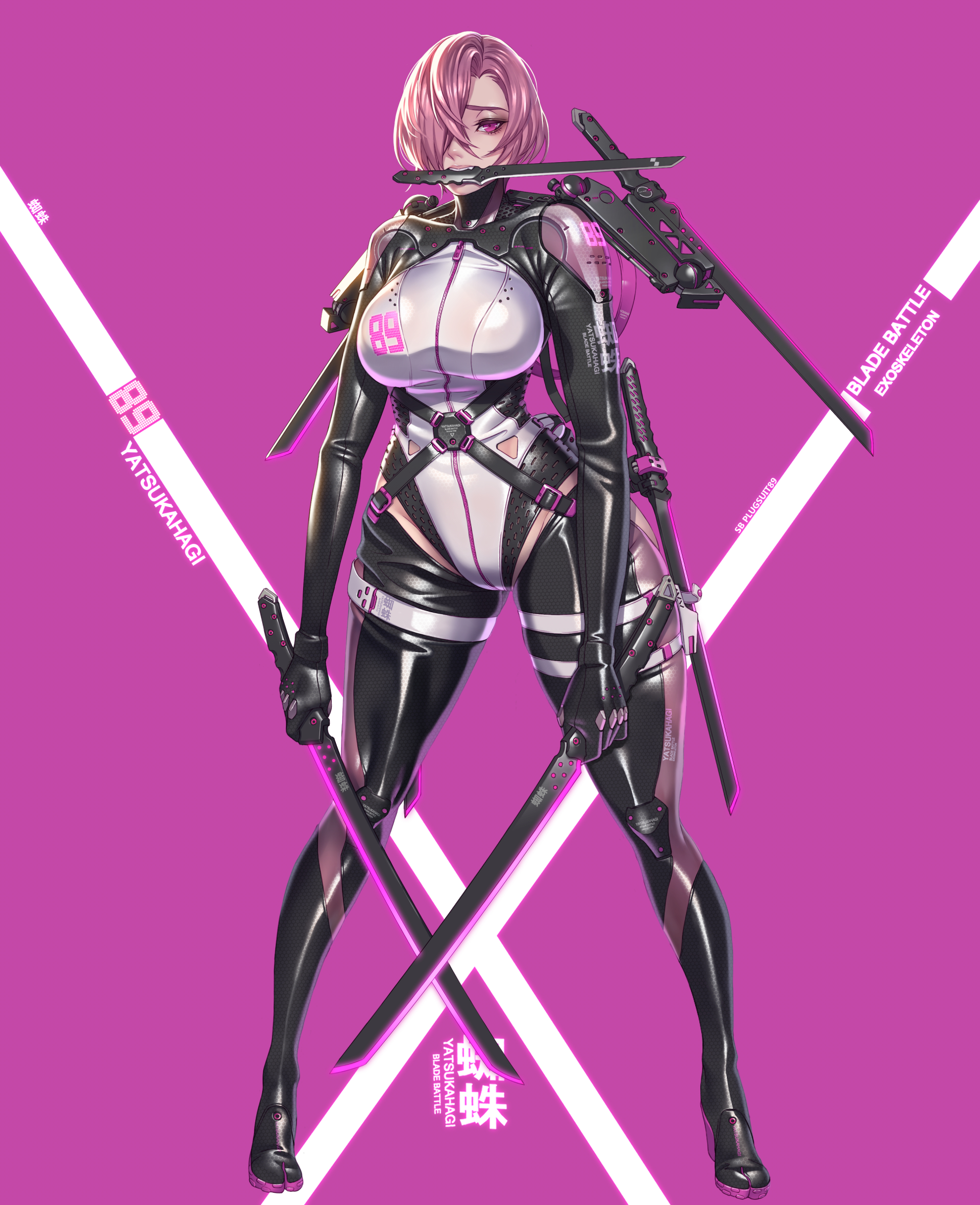 bodysuit, full body, hair over one eye, high heels, katana, latex, pink eyes, pink hair, purple background, science fiction, shoes, short hair, sword, thighhighs, weapon, wei (kaminari0411)