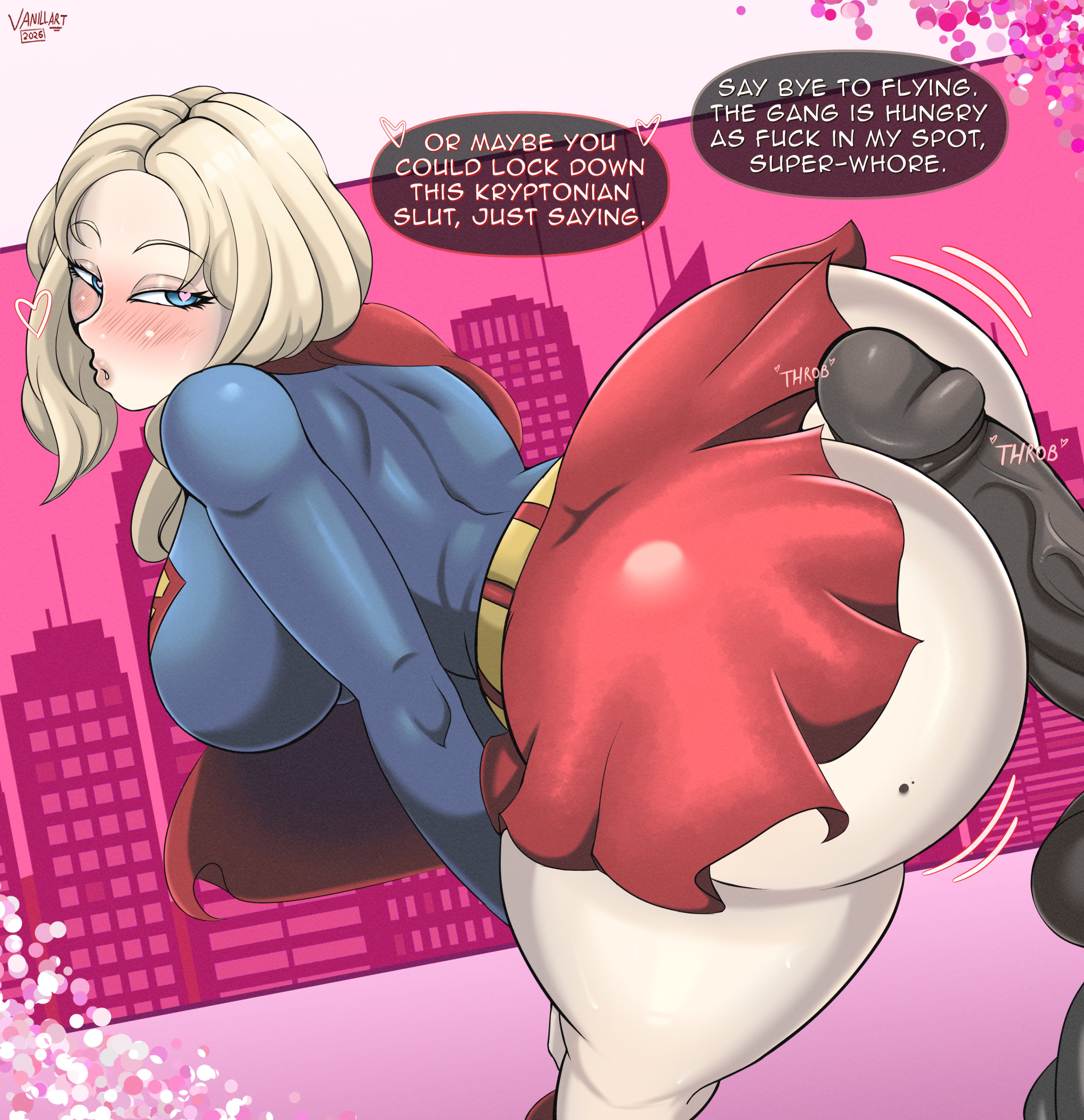 blonde hair, buttjob, cape, clothing, dark-skinned male, dc, dc comics, kara zor-el, light-skinned female, skirt, supergirl, superman (series), text, vanillart23