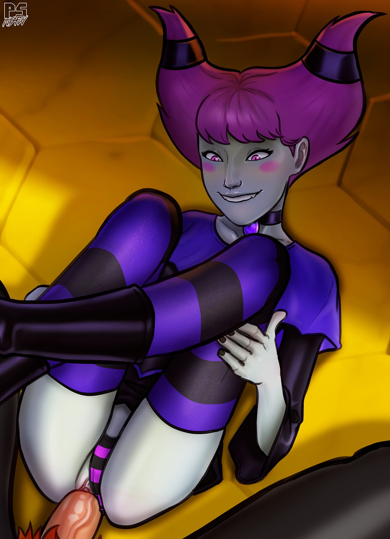 1boy, 1girls, blush, cartoon network, clothed sex, clothing, dc, dc comics, erection, female, jinx (dc), male, panties, panties aside, penetration, penis, pink eyes, pink hair, pumpkinsinclair, pussy, sex, straight, teen titans, thighhighs, unseen male face, vaginal penetration
