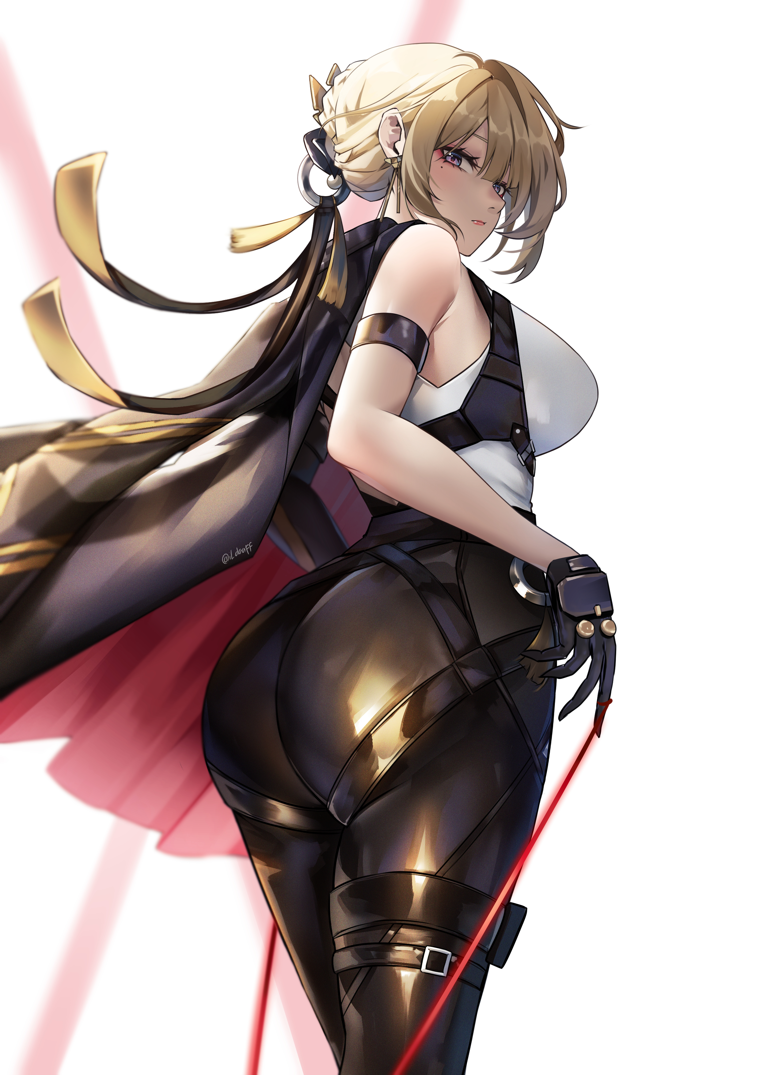 1girl, absurdres, arm strap, ass, black pants, blonde hair, breasts, chest harness, commentary, elbow gloves, evelyn chevalier, gloves, hair up, hairband, half gloves, harness, high-waist pants, highres, huge ass, latex, latex pants, long ribbon, necktie, pants, ring hair ornament, single elbow glove, single half glove, solo, thigh beads, tight clothes, tight pants, uneven bangs, white hairband, yellow necktie, zenless zone zero