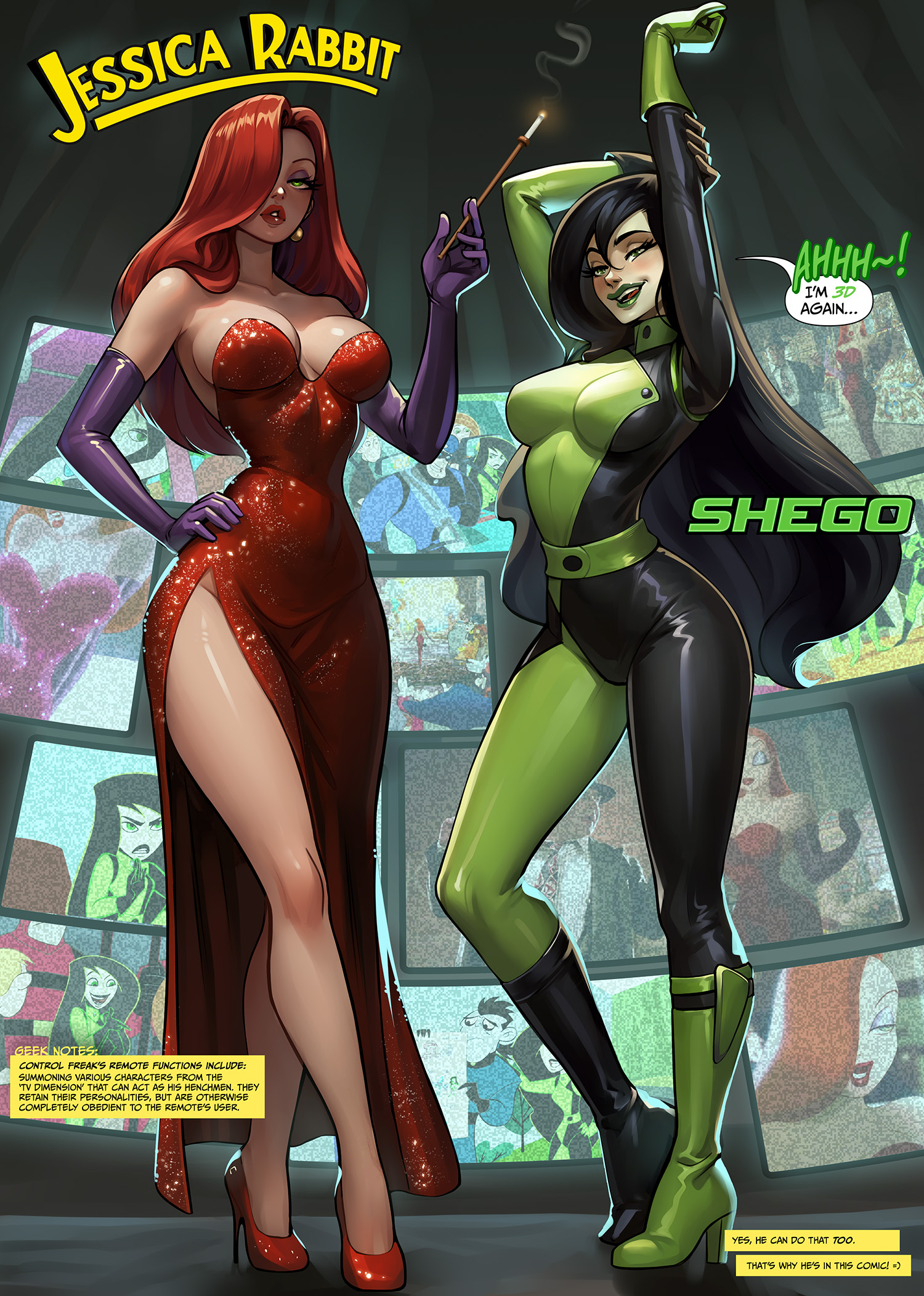 2d, 2d (artwork), 2d artwork, 2girls, black hair, bodysuit, cleavage, comic, crossover, disney, english text, female, green eyes, hourglass figure, jessica rabbit, kim possible, large breasts, large hair, long hair, multiple females, multiple girls, red hair, saneperson, shego, smoking, who framed roger rabbit