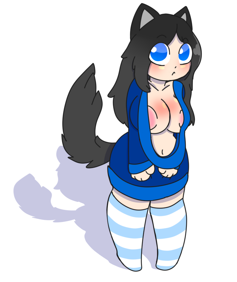 big_breasts big_nipples black_hair blue_eyes byternomar cat_ears dialgafirewolf exposed_nipples legwear mizu_(byternomar) nekomimi striped_legwear