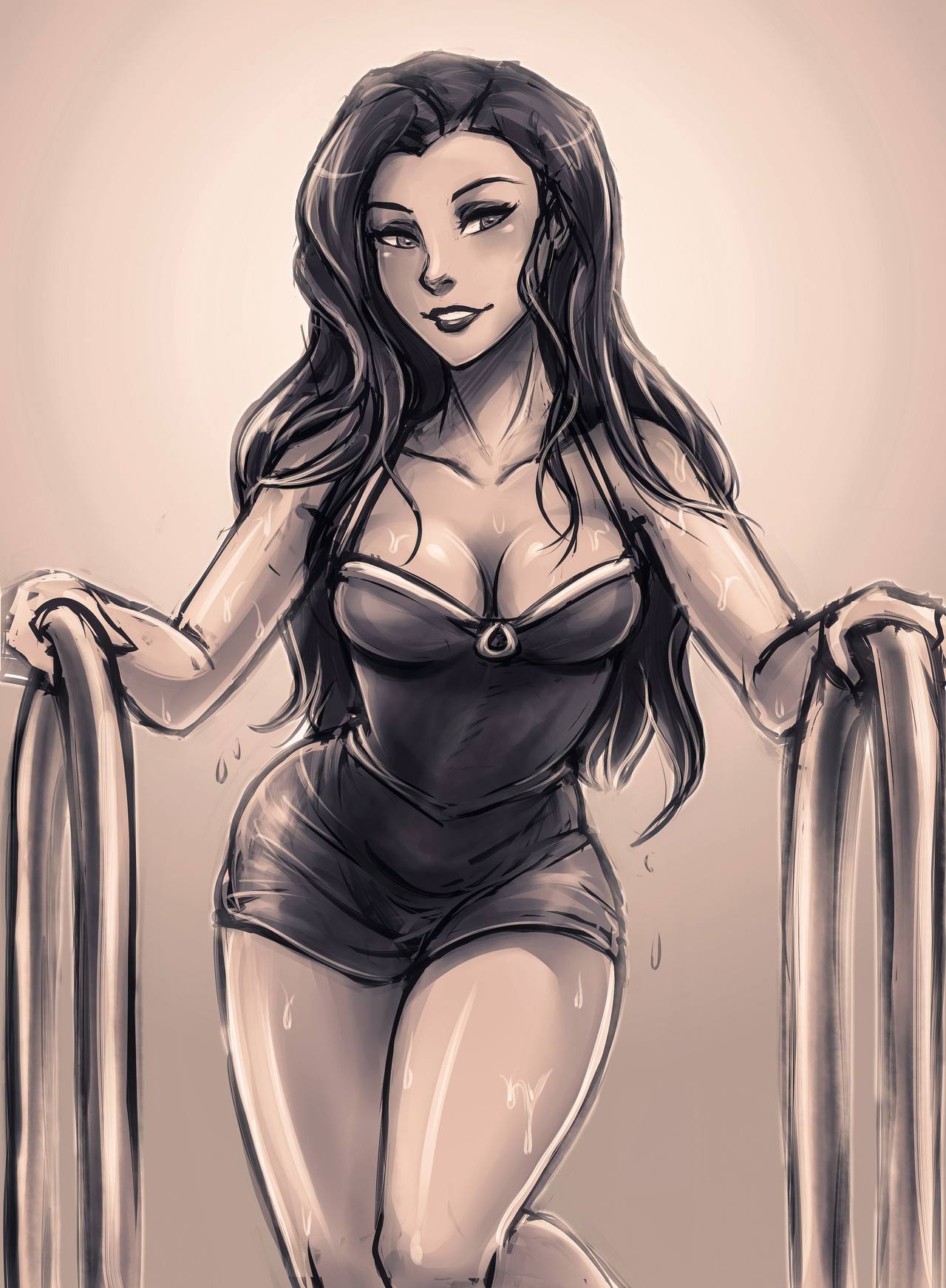 1girls, absurd res, absurdres, asami sato, avatar the last airbender, black and white, breasts, cleavage, climbing, female, iahfy, k-y-h-u, large breasts, swimsuit, tagme, the legend of korra, thighs, wet, wet hair