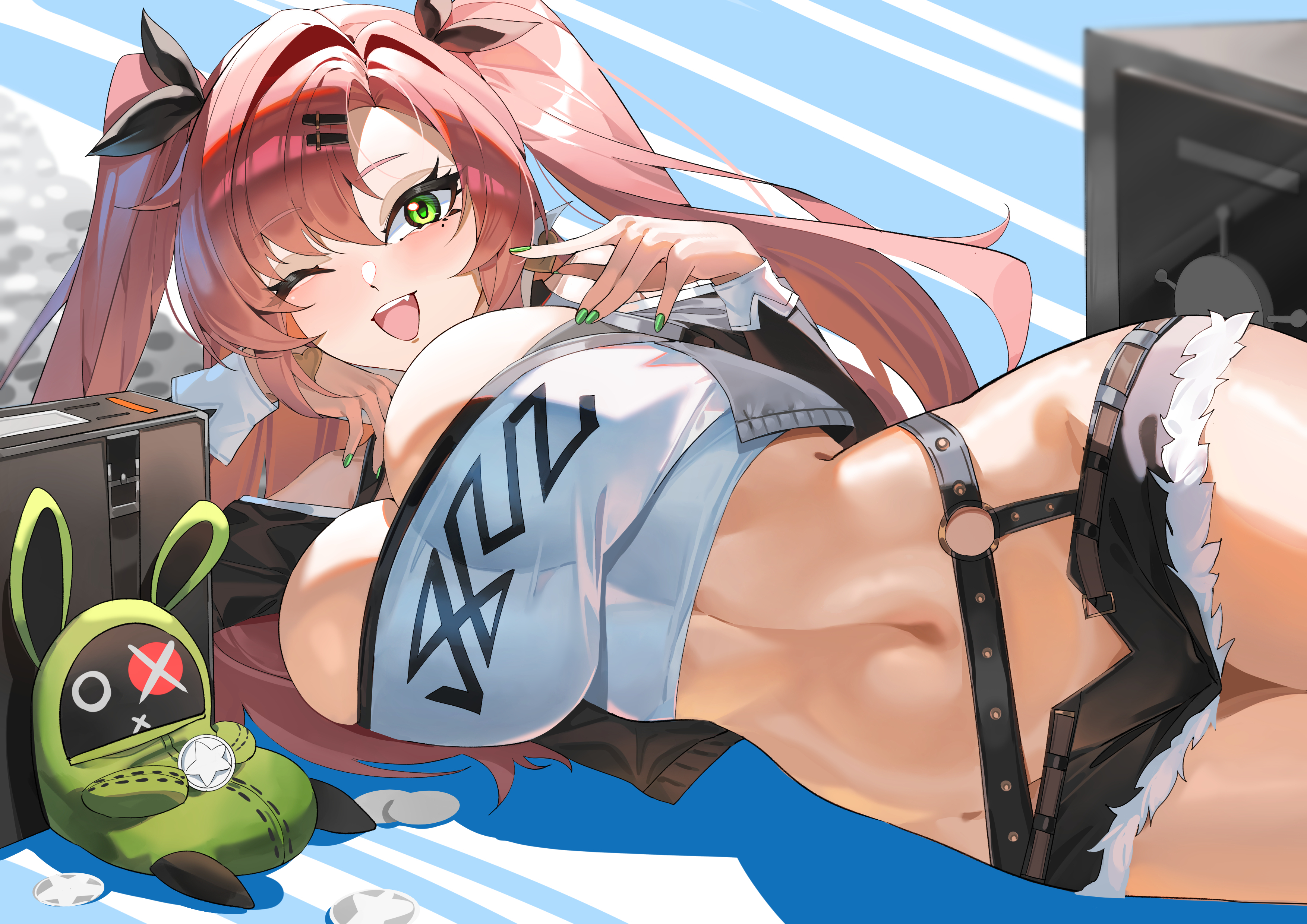 1girl, absurdres, amillion (zenless zone zero), black ribbon, blush, breasts, colored nails, crop top, green eyes, hair ornament, hair ribbon, hairclip, highres, large breasts, long hair, looking at viewer, lying, micro shorts, mole, mole under eye, navel, nicole demara, on side, one eye closed, open fly, open mouth, painted nails, pink hair, ribbon, shorts, smile, solo, strapless, tube top, two side up, white tube top, zenless zone zero