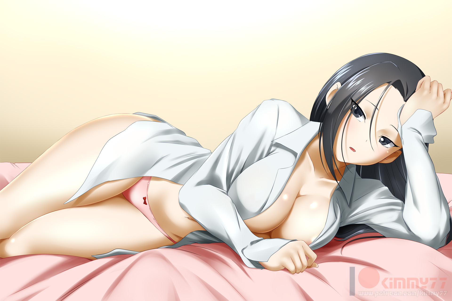 1girls, big breasts, black hair, black-haired female, breasts, cleavage, female, female only, kimmy77, large breasts, light skin, light-skinned female, looking at viewer, lying, momo yaoyorozu, my hero academia, on side, pink panties, pinup, solo